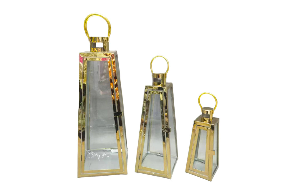 Decorative Pyramid Lanterns – Shiny Gold & Silver Candle Holders, Set of 3 (Large, Medium, Small)