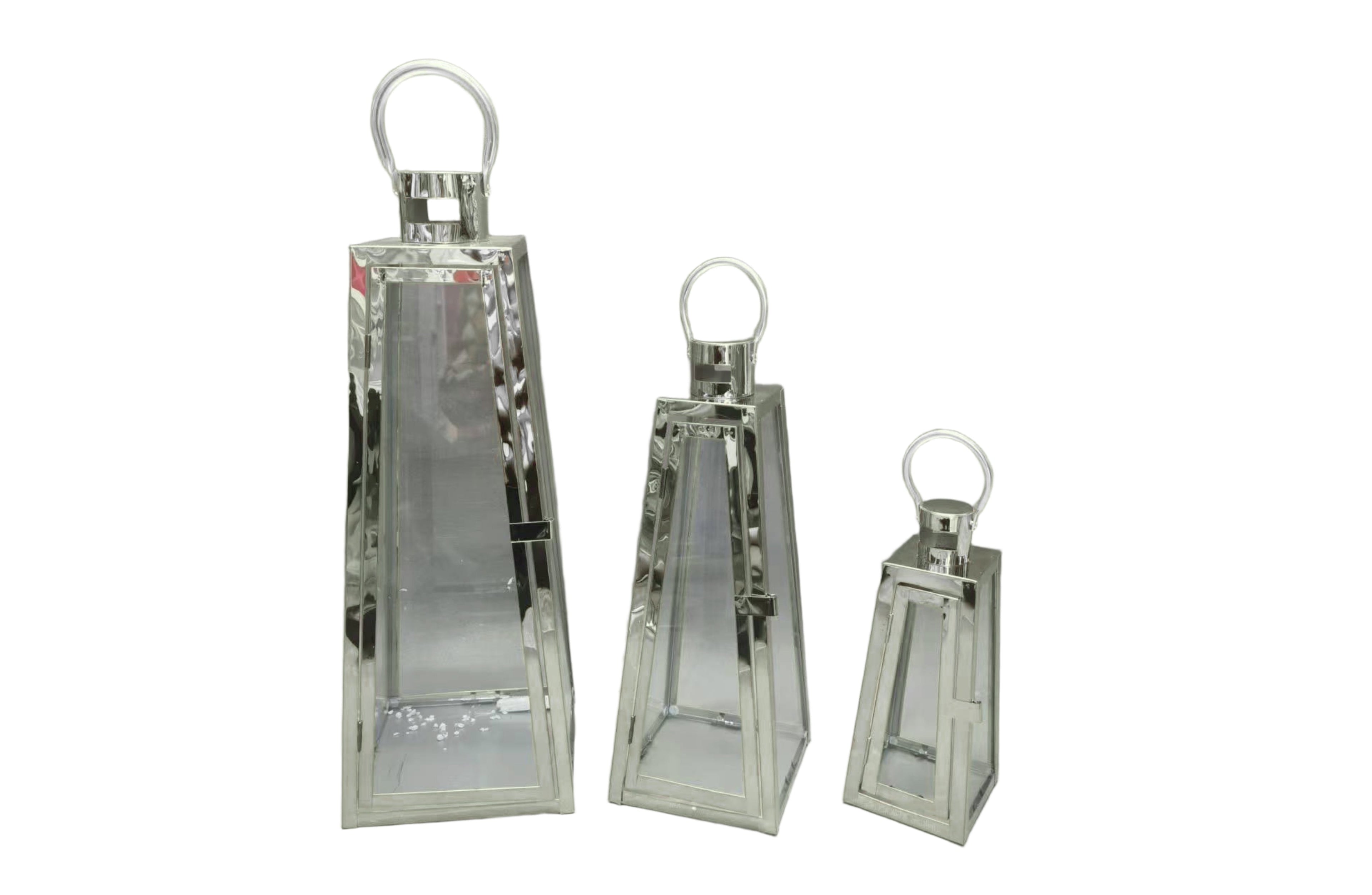 Decorative Pyramid Lanterns – Shiny Gold & Silver Candle Holders, Set of 3 (Large, Medium, Small)