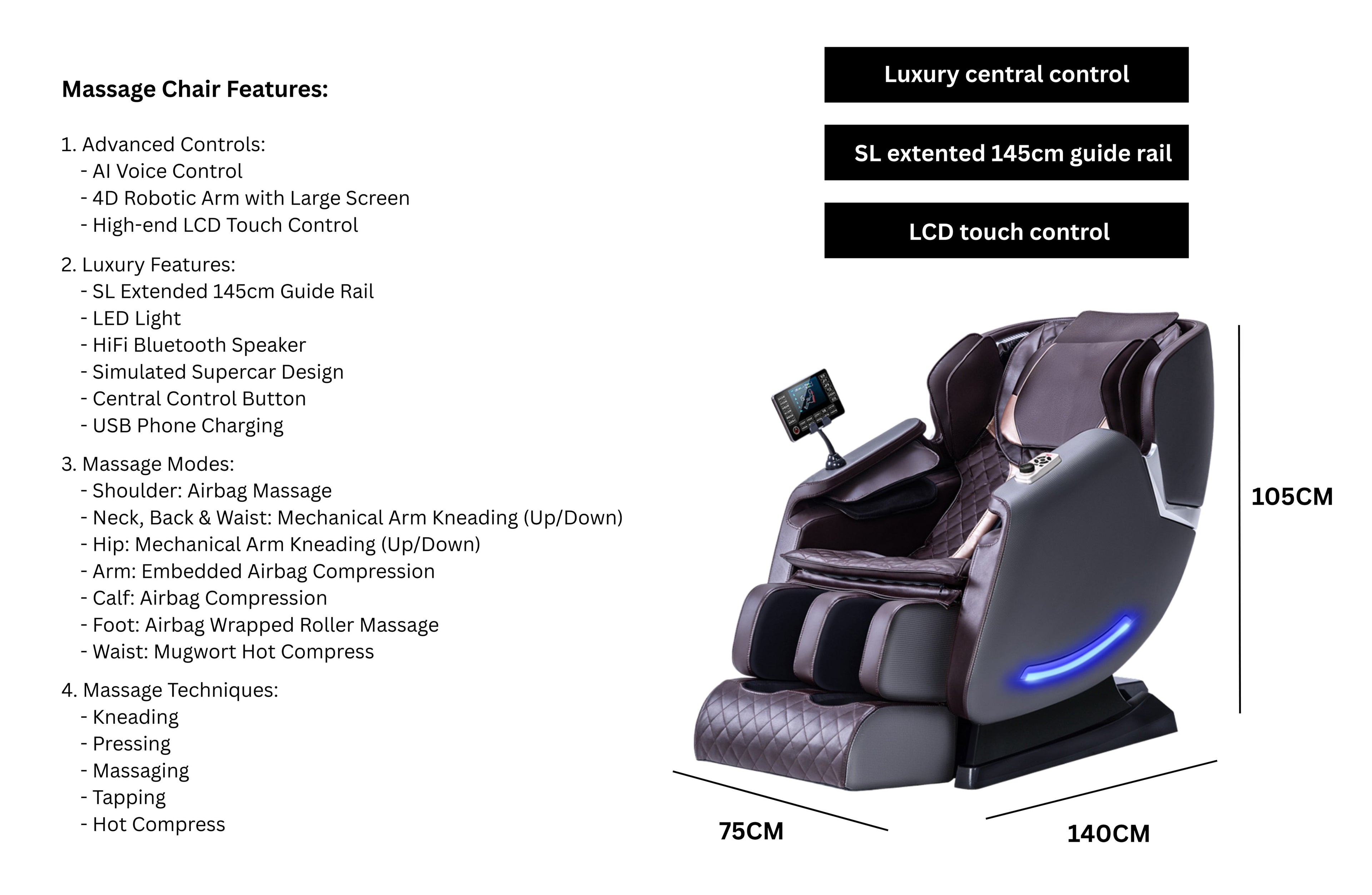 Premium 4D Massage Recliner, Zero Gravity Full Body - Voice Control & LCD Screen