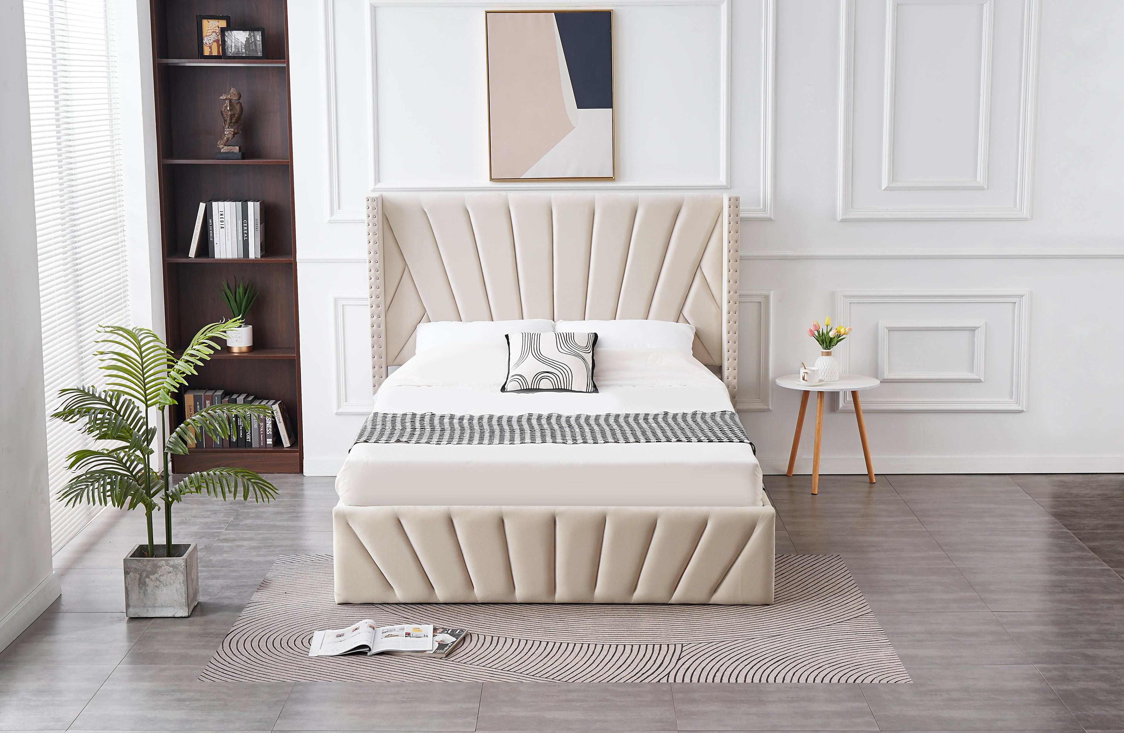 Allure Velvet Bed in Beige styled in a lifestyle setting with storage lifted.