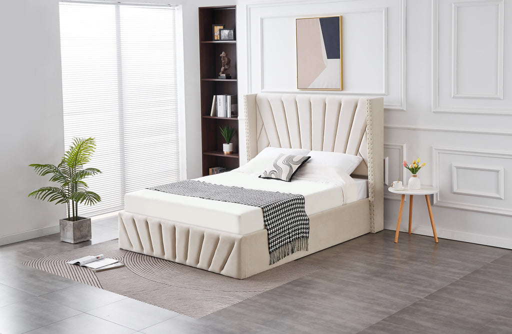 Allure Velvet Gas Lift Bed in Beige styled in a modern bedroom with storage closed.