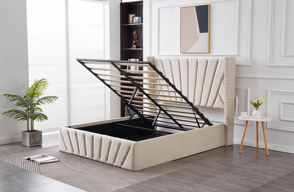 Allure Velvet Bed in Beige with gas lift-up storage compartment open.