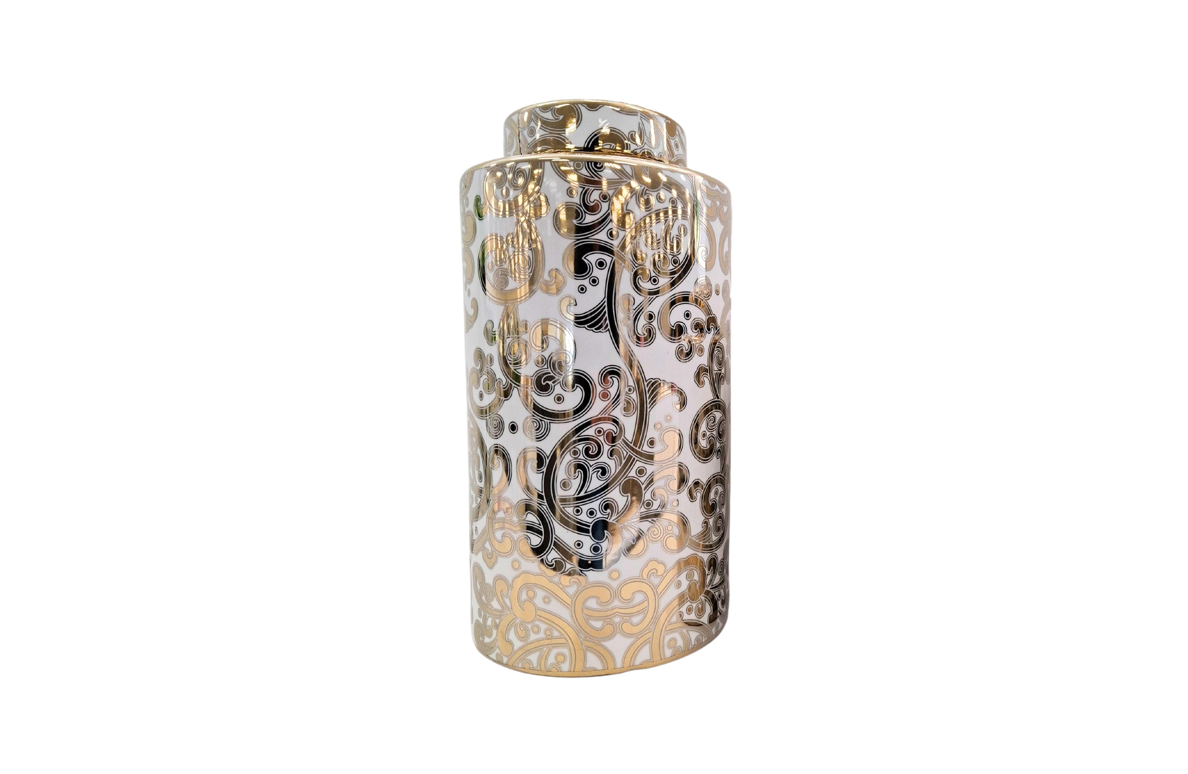  Large Armani Ceramic Canister – 20x39cm in white with luxurious gold and black print, perfect as a statement decor piece