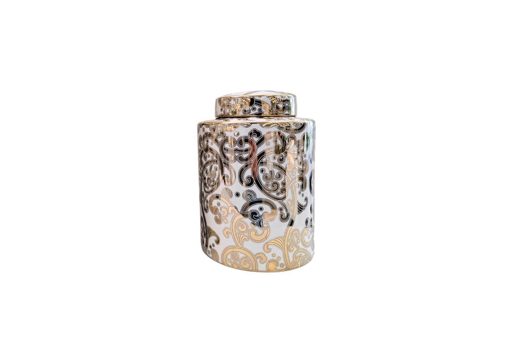 Small Armani Ceramic Canister – 20x28cm decorative jar with gold and black paisley motif over white ceramic, ideal for tabletops or shelves