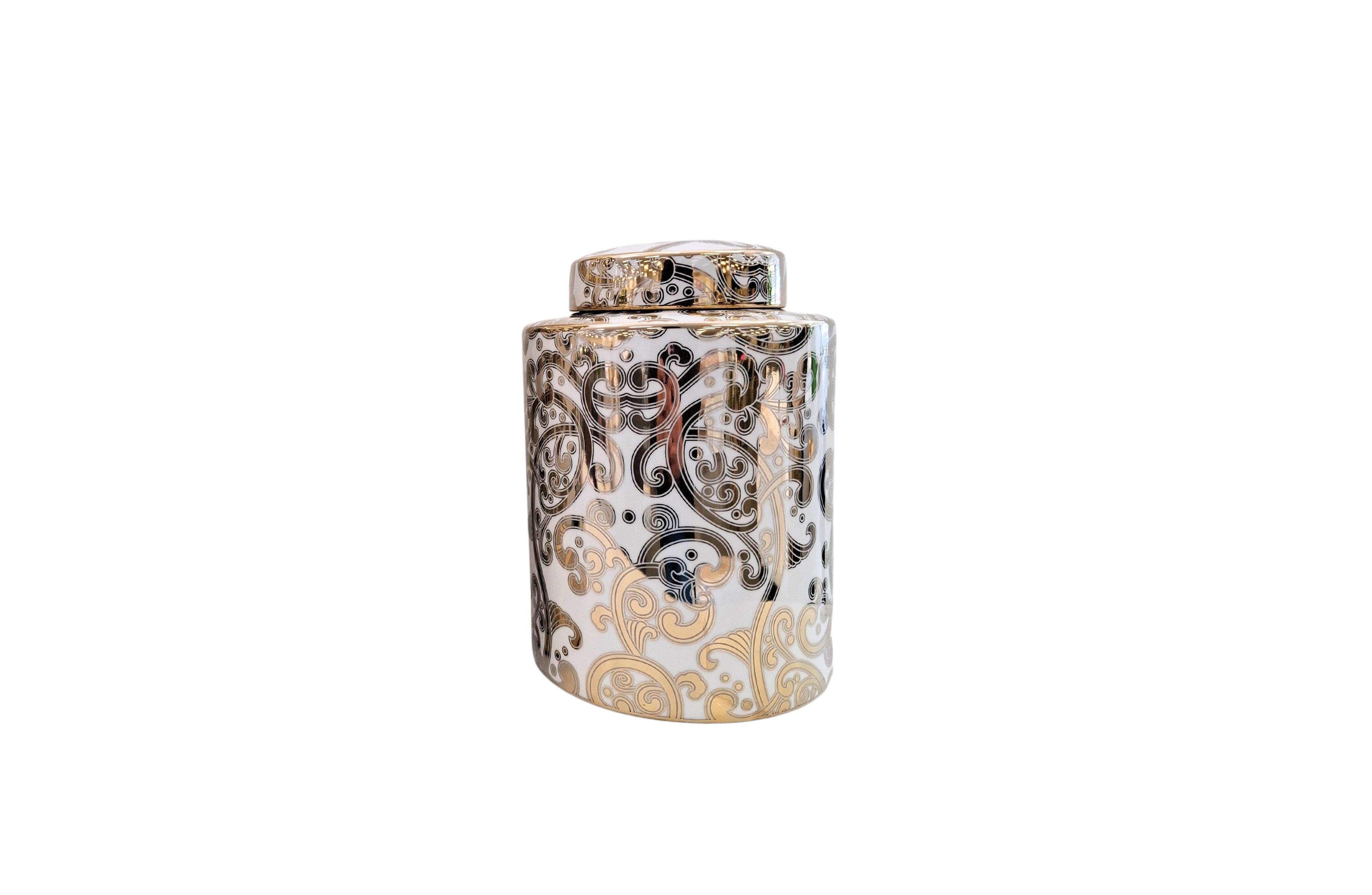 Small Armani Ceramic Canister – 20x28cm decorative jar with gold and black paisley motif over white ceramic, ideal for tabletops or shelves