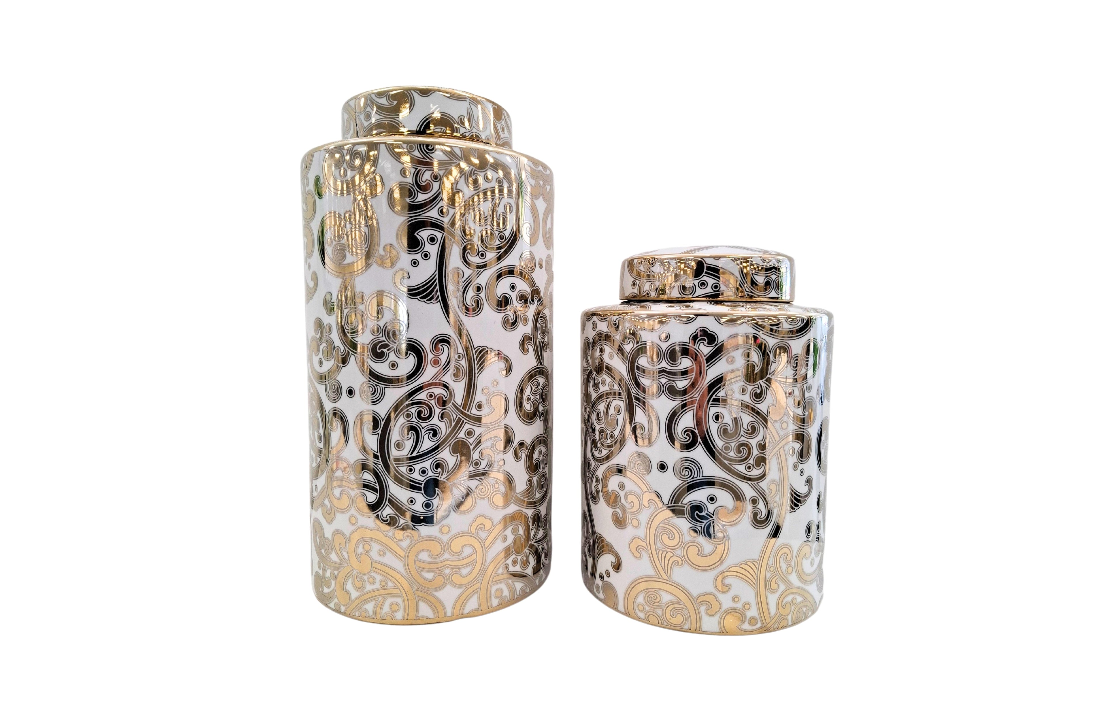 Armani Ceramic Canister Set of 2 in white with gold and black paisley pattern – elegant decorative jars for luxury home décor