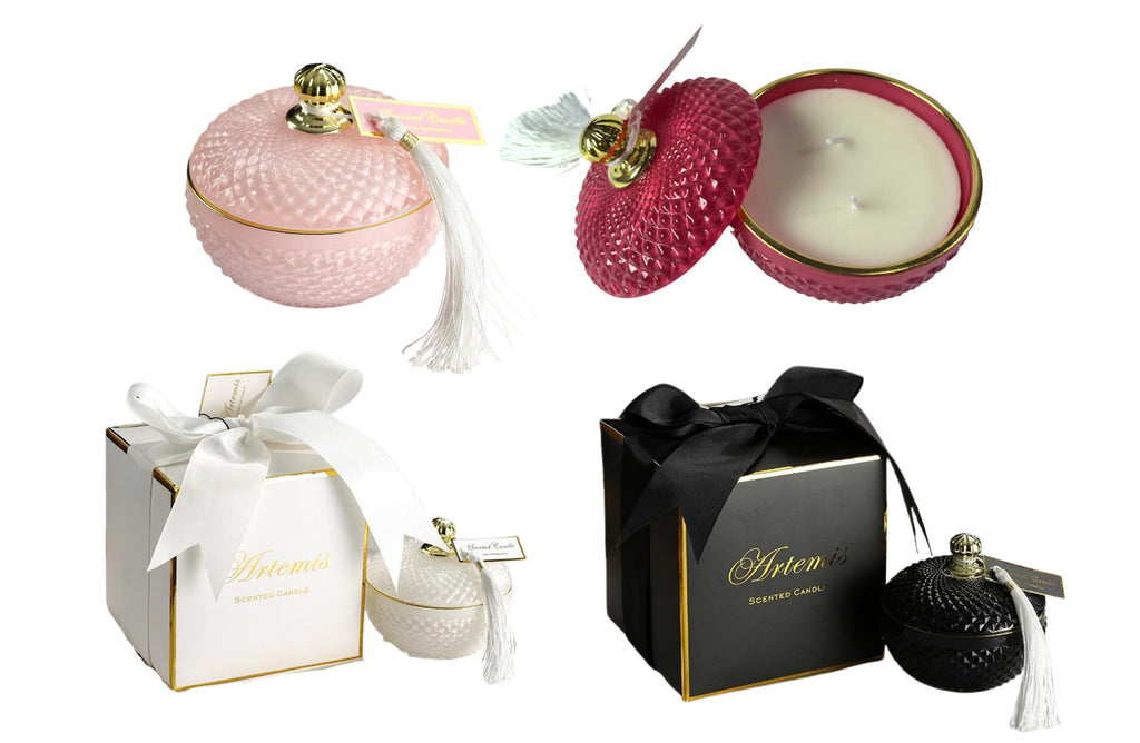 Artemis luxury candles in elegant textured glass jars with tassel lids, available in four scents and assorted colours, each packaged in a premium gift box.