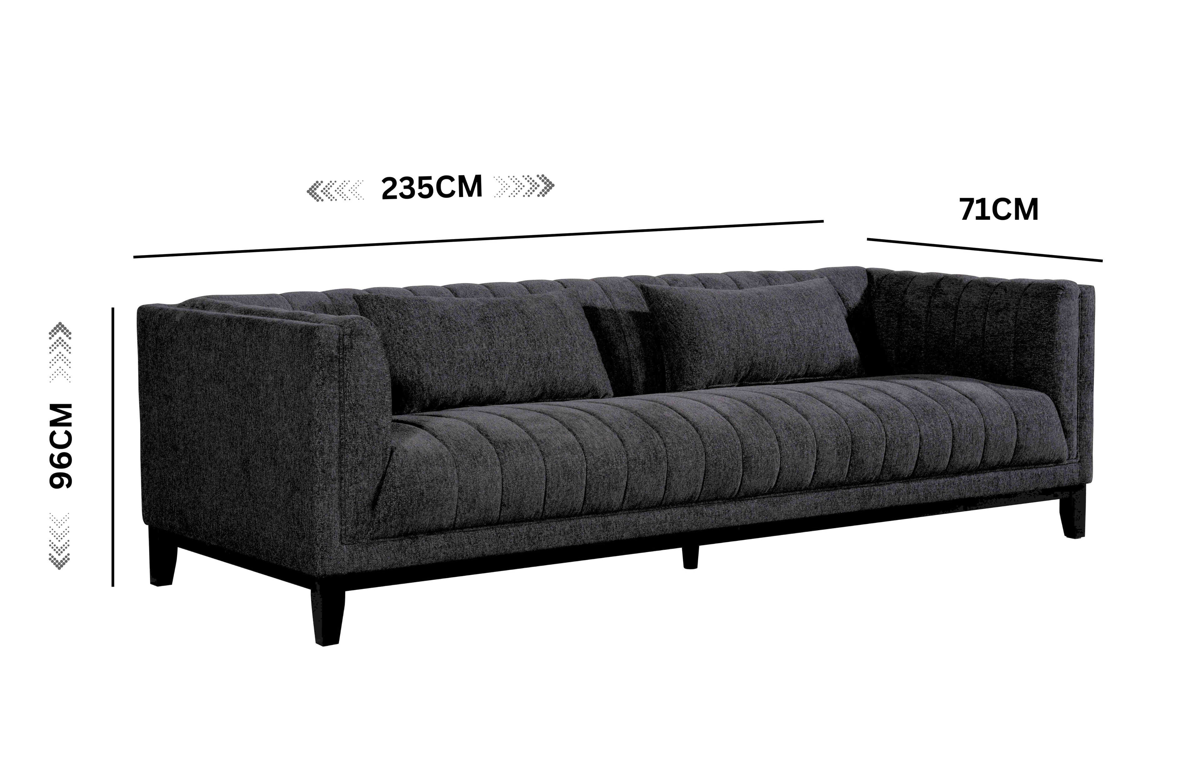 Austin Lounge Sofa in Charcoal – Modern tufted 3-seater with cushion support, shown with dimensions: 235cm width, 96cm height, 71cm depth.