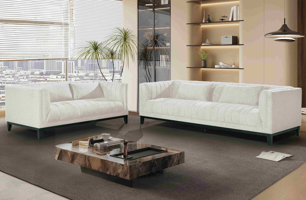 Austin Lounge Set in Cream – Sophisticated 2- and 3-seater duo styled in a modern living room, offering serene comfort and timeless elegance.