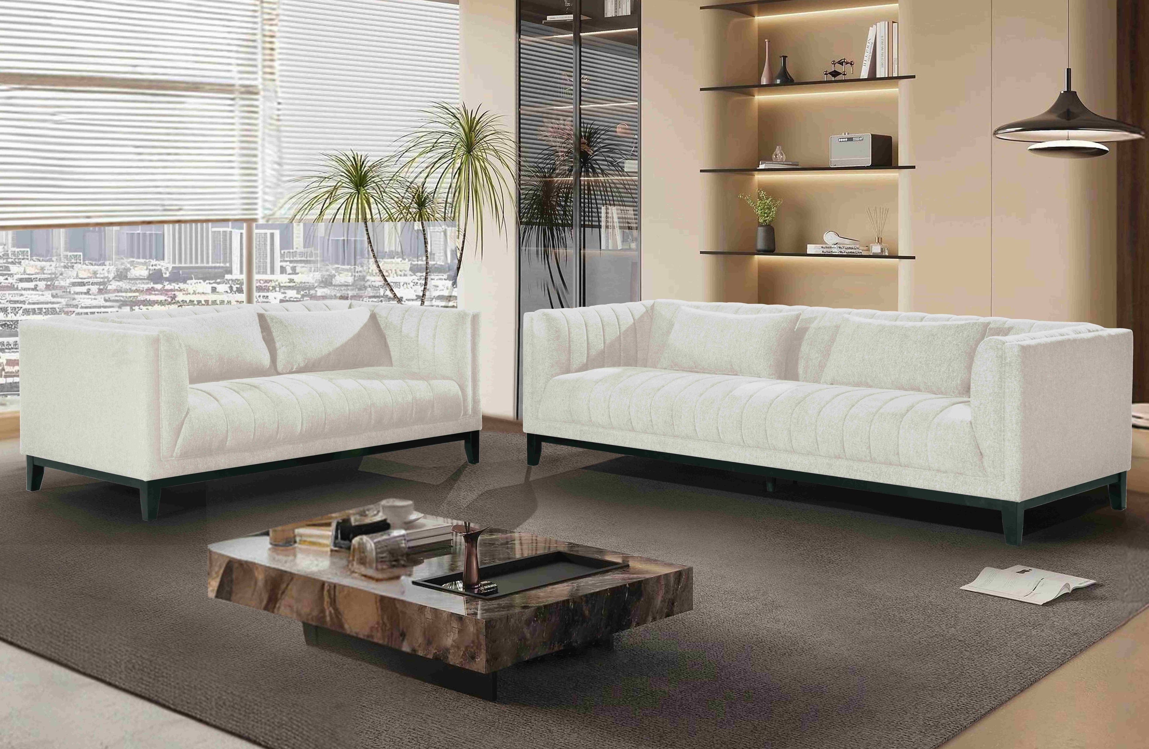 Austin Lounge Set in Cream – Sophisticated 2- and 3-seater duo styled in a modern living room, offering serene comfort and timeless elegance.