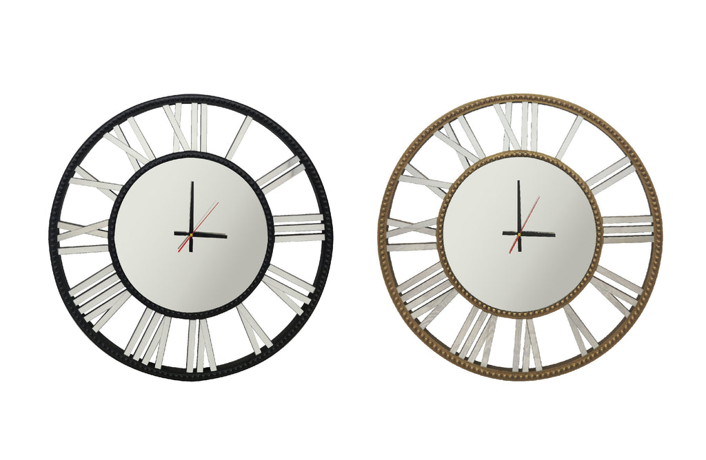 Decorative beaded mirrored wall clocks in black and gold finishes, elegant timeless design.