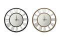 Decorative beaded mirrored wall clocks in black and gold finishes, elegant timeless design.
