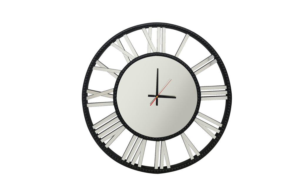 Large round black beaded mirrored wall clock with Roman numerals, modern decorative piece.