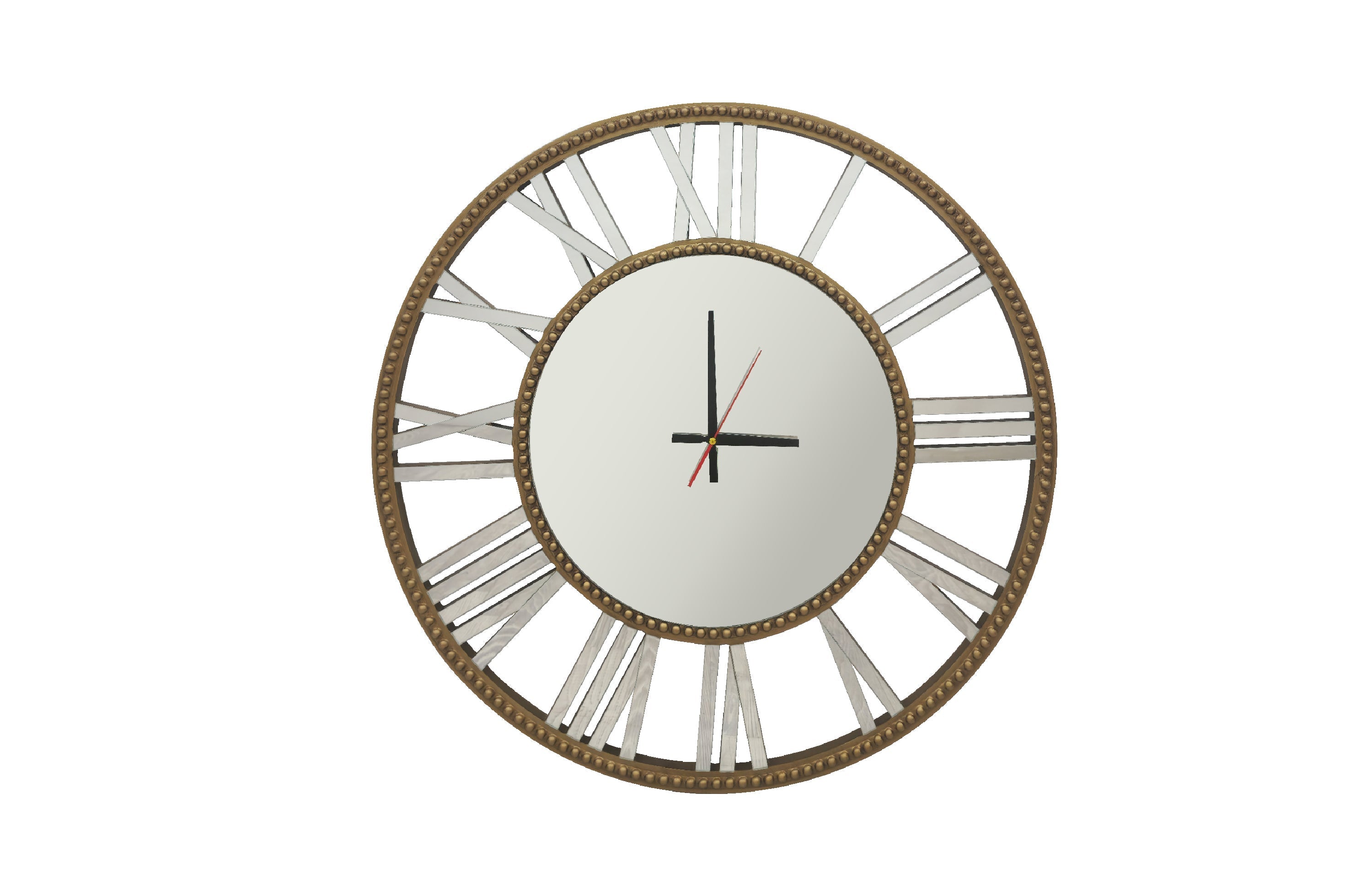Round gold beaded mirrored Roman numeral wall clock, stylish decorative piece for interiors.