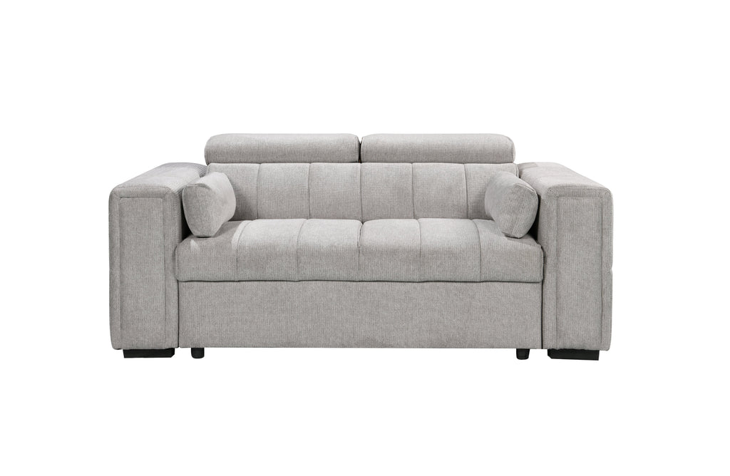 Beige 2-seater fabric sofa with plush cushions, wide armrests, and adjustable headrests perfect for compact modern living spaces.