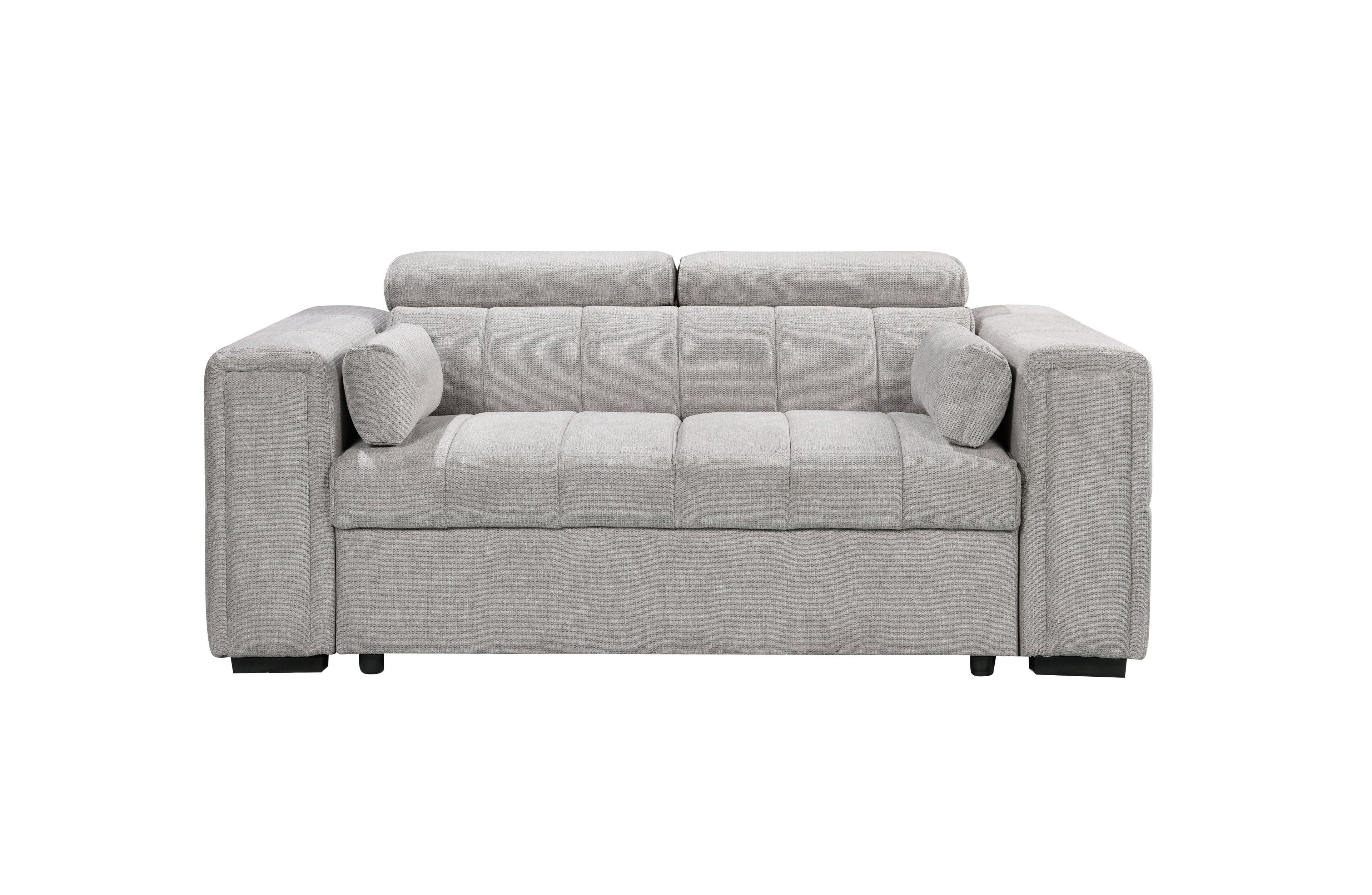 Beige 2-seater fabric sofa with plush cushions, wide armrests, and adjustable headrests perfect for compact modern living spaces.