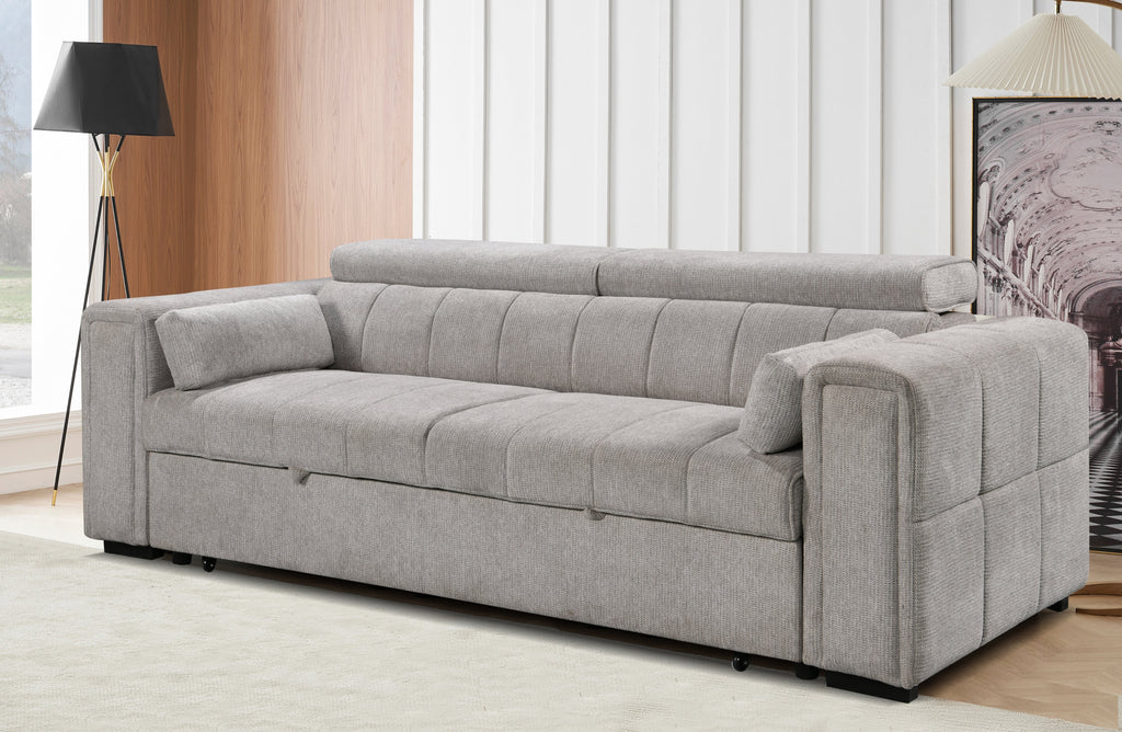 Modern beige 3-seater sofa with adjustable headrests and matching cushions, set in a contemporary living room with wooden and white panel walls.