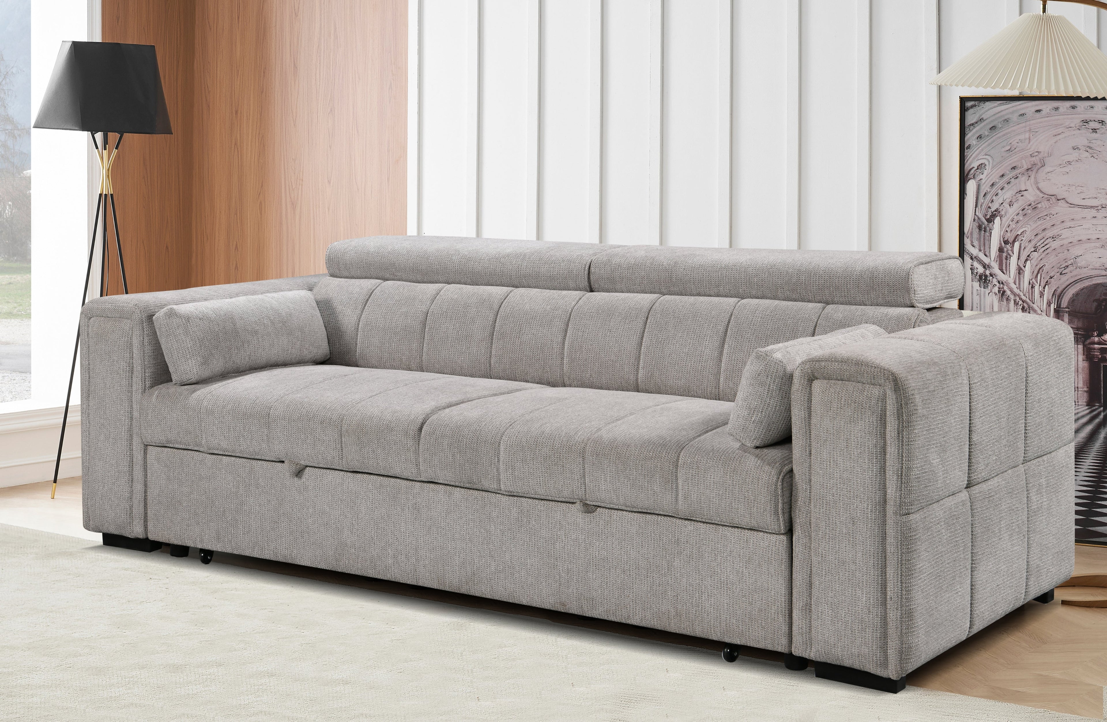 Modern beige 3-seater sofa with adjustable headrests and matching cushions, set in a contemporary living room with wooden and white panel walls.
