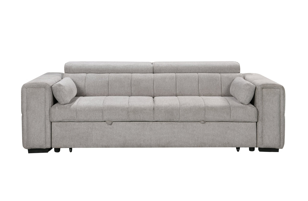 Beige 3-seater sofa with wide armrests, adjustable headrests, and plush cushions, displayed on a plain white background for a clean product showcase.