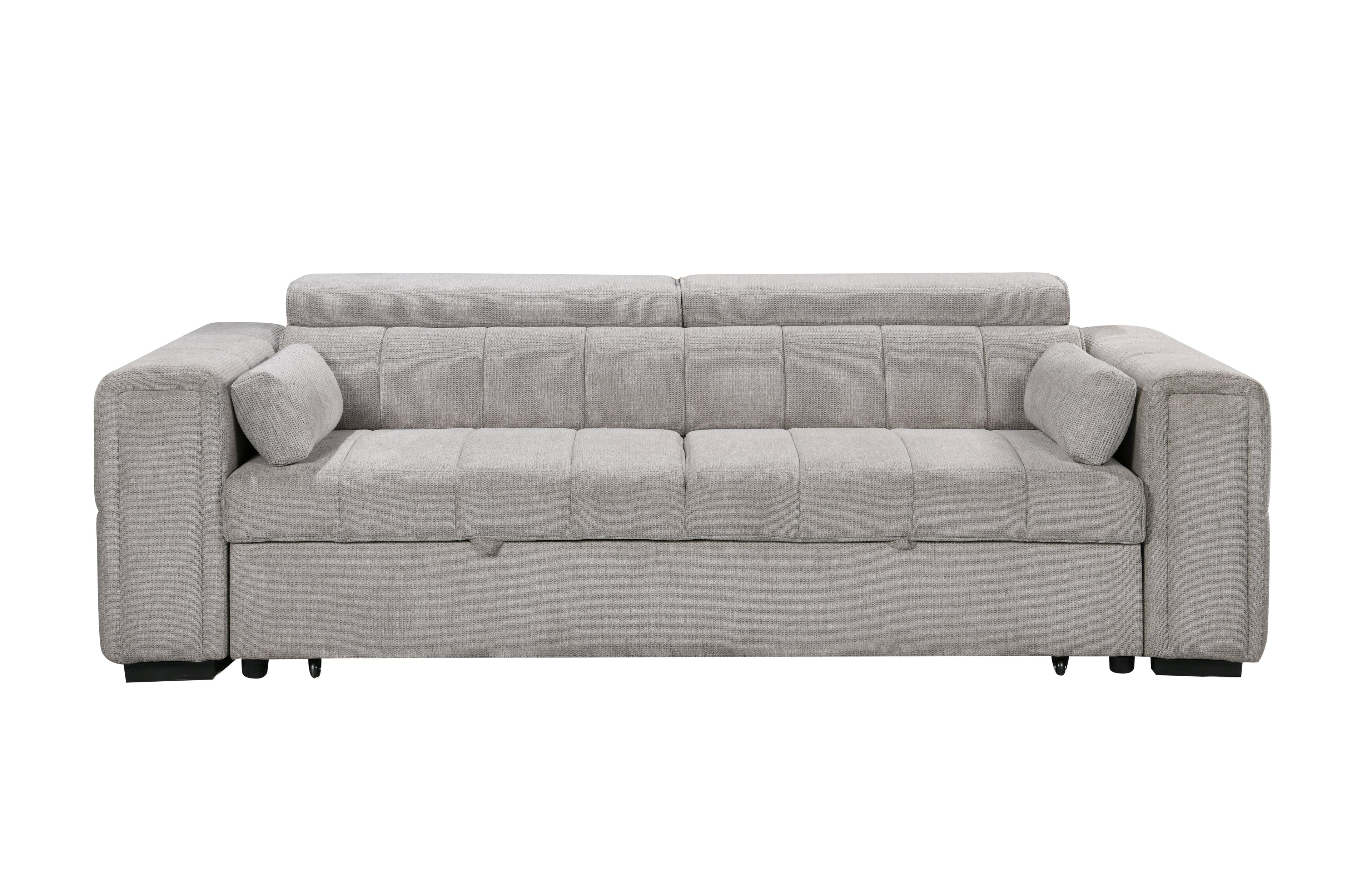 Beige 3-seater sofa with wide armrests, adjustable headrests, and plush cushions, displayed on a plain white background for a clean product showcase.