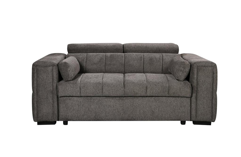 Modern grey 2-seater sofa with padded arms, adjustable headrests, and deep-stitched cushions – a compact and stylish addition to contemporary living rooms.