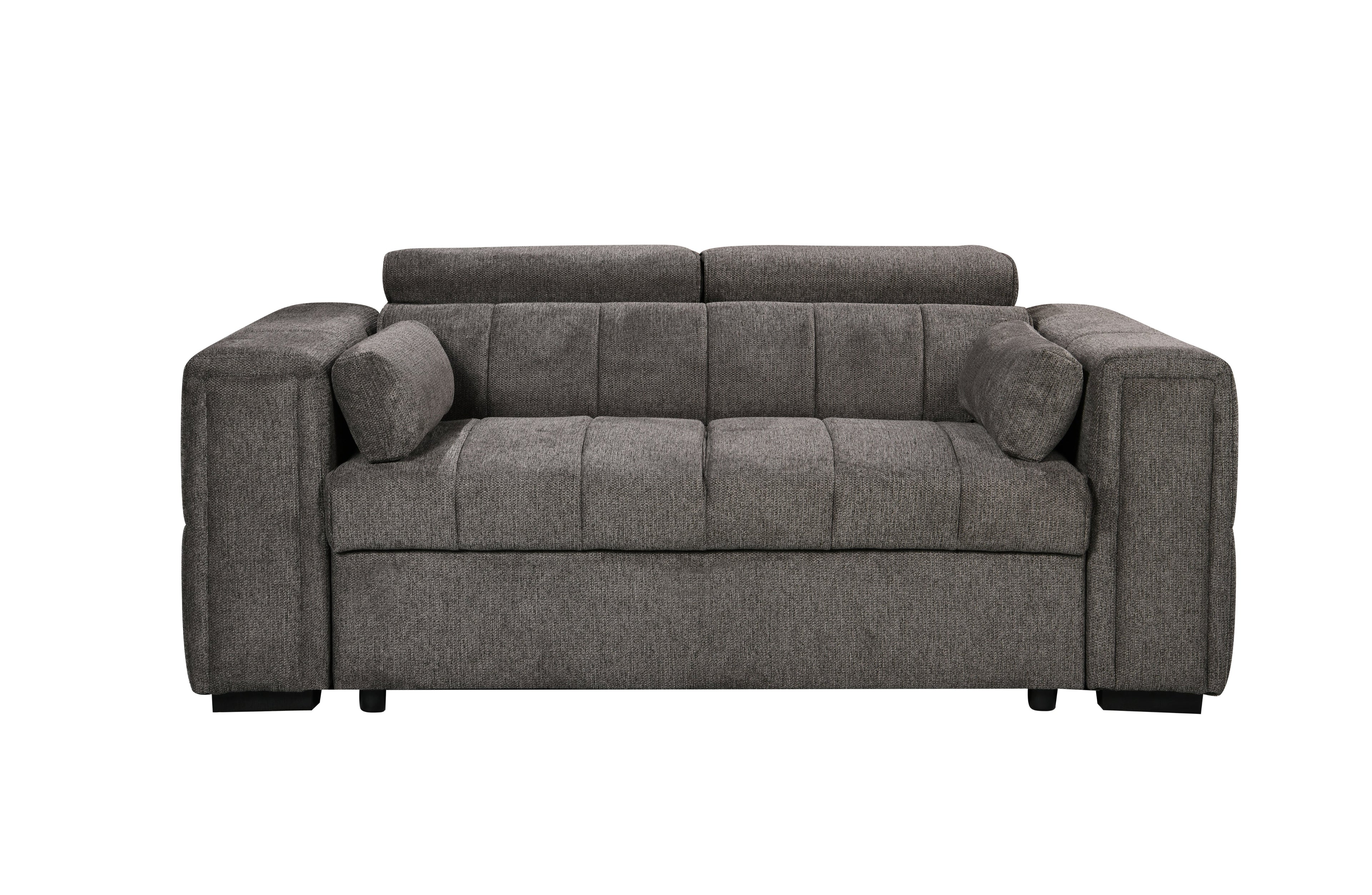 Modern grey 2-seater sofa with padded arms, adjustable headrests, and deep-stitched cushions – a compact and stylish addition to contemporary living rooms.