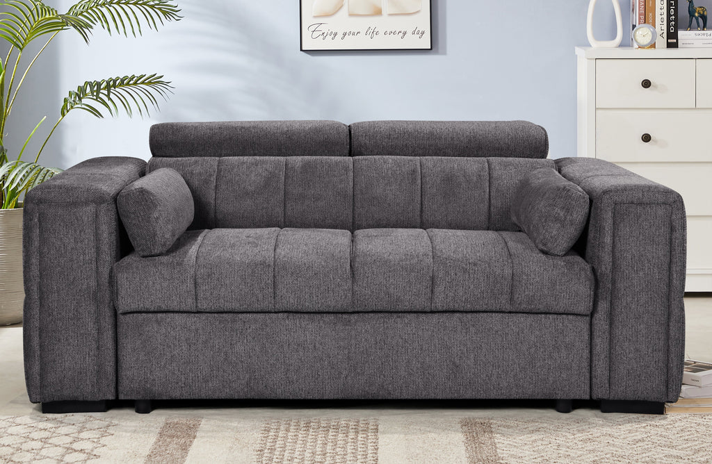 Modern grey 2-seater sofa with adjustable headrests and grid-stitched cushions – compact design ideal for contemporary living spaces