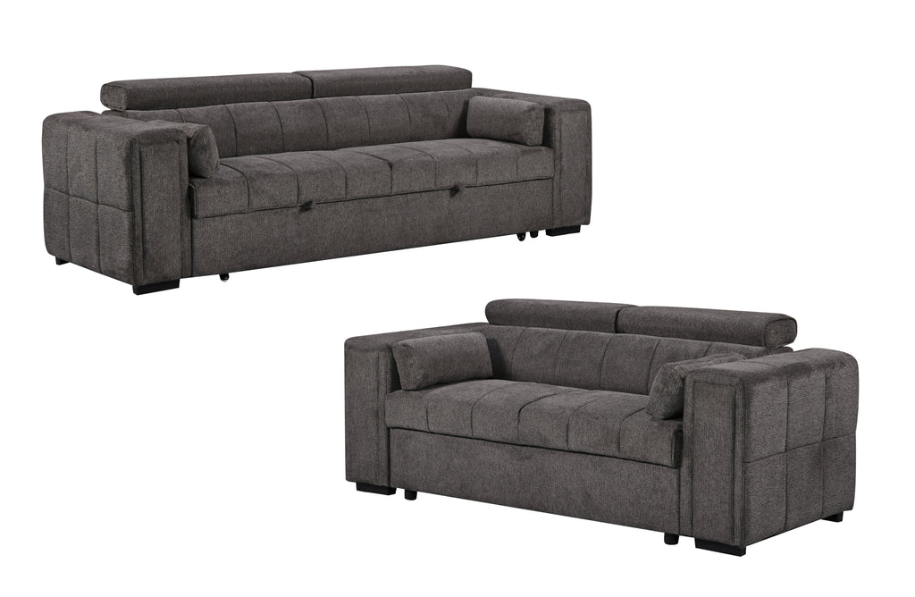 Modern Belair grey sofa lounge set featuring a 3-seater with pull-out bed and a matching 2-seater, both upholstered in soft textured fabric and designed for versatile comfort and style.