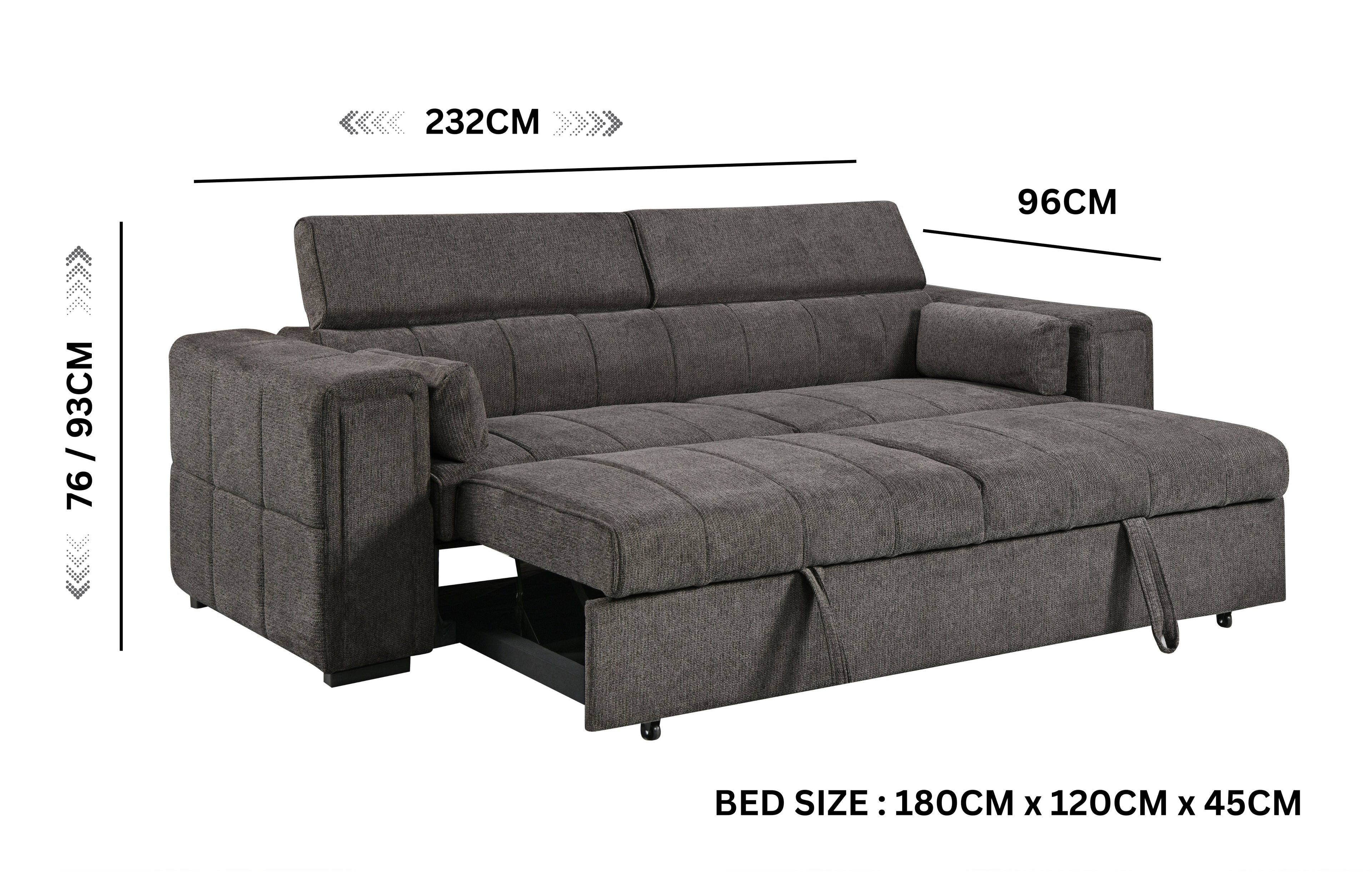 Belair 3-seater sofa bed in grey colour  converts into 180cm x 120cm bed with 232cm overall width, ideal for modern multi-use spaces