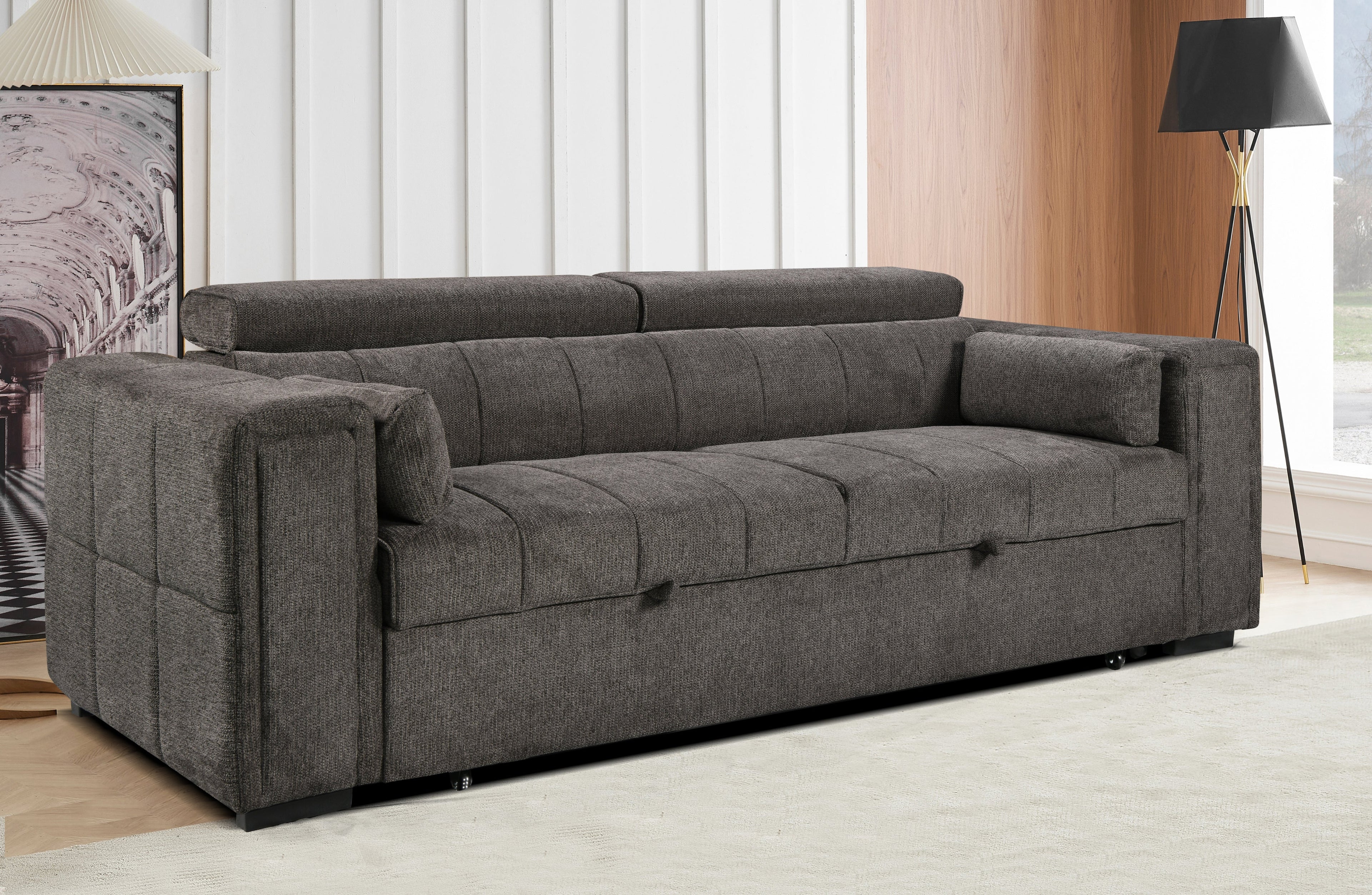 Grey 3-seater sofa with adjustable headrests and square-stitched cushions – sleek modern design perfect for stylish everyday lounging