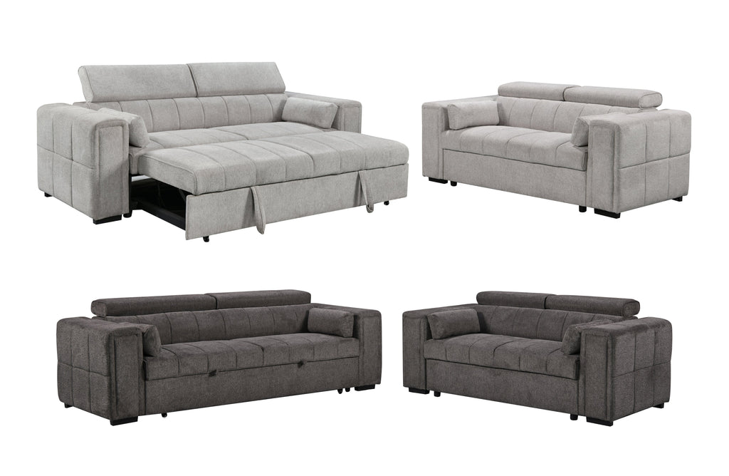 Belair Sofa Bed Lounge Set in beige and grey – features a 3-seater sofa bed and 2-seater fixed sofa with adjustable headrests and modern grid stitching.