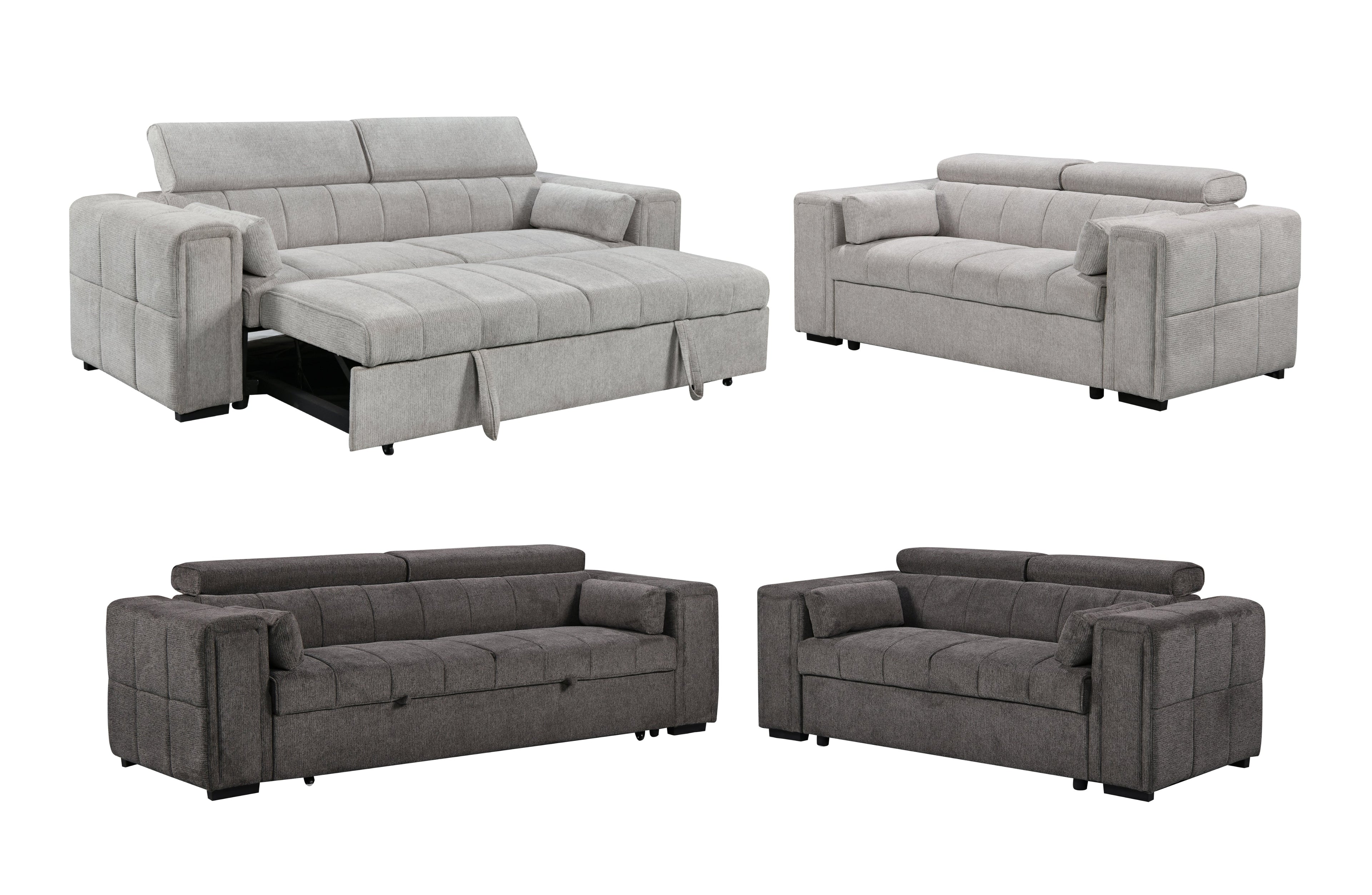 Belair Sofa Bed Lounge Set in beige and grey – features a 3-seater sofa bed and 2-seater fixed sofa with adjustable headrests and modern grid stitching.