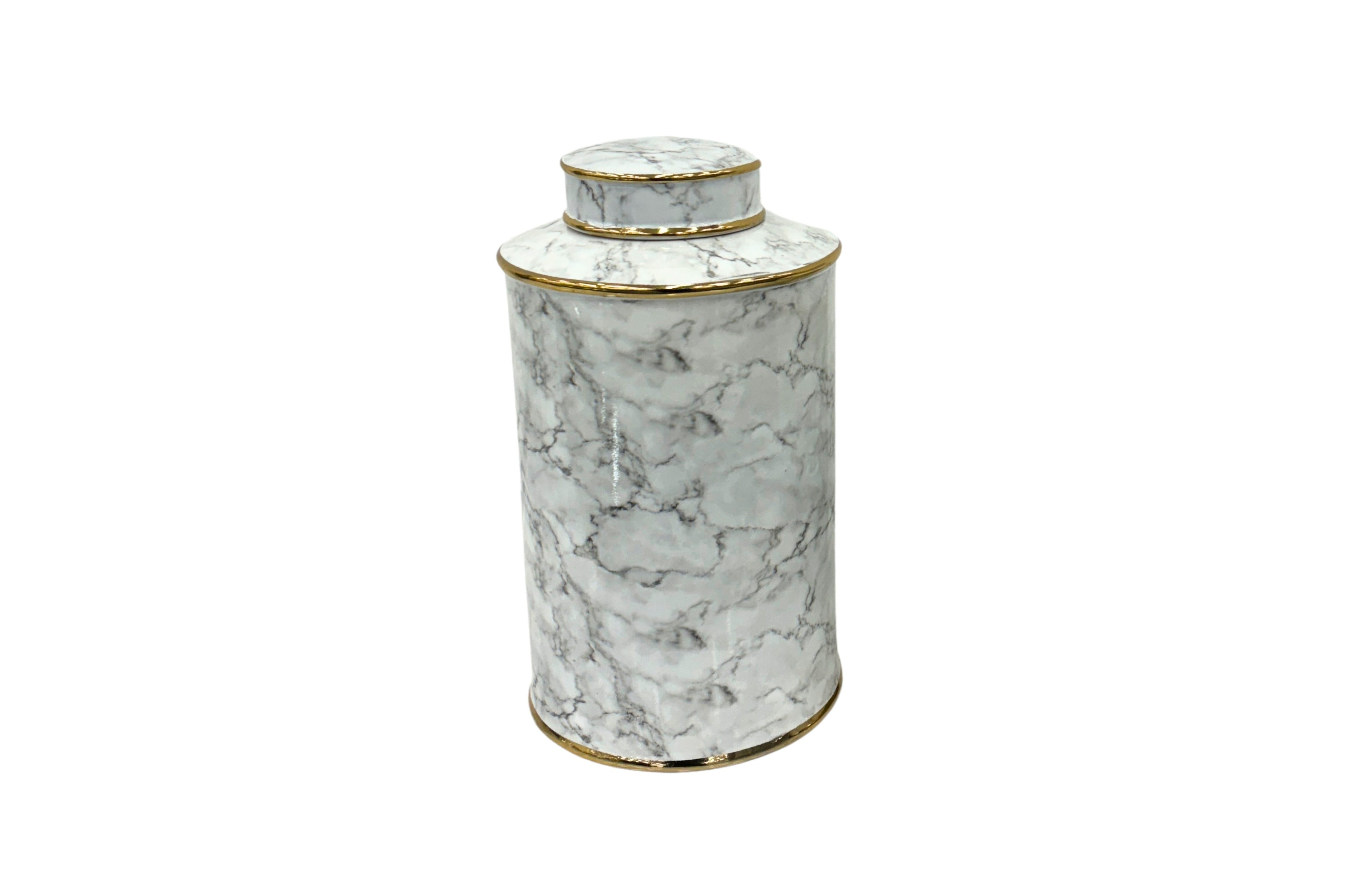 Carrara Large Ceramic Canister in white marble finish with gold trim, perfect for upscale kitchen or home décor storage

