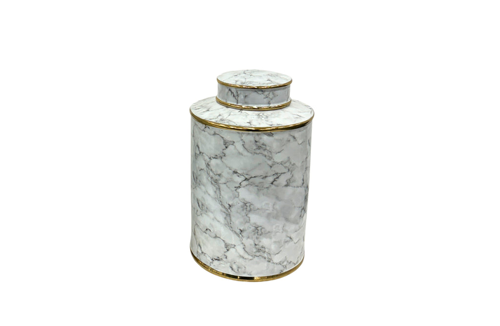 Carrara Small Ceramic Canister  with elegant white marble design and gold edging, ideal for refined storage solutions