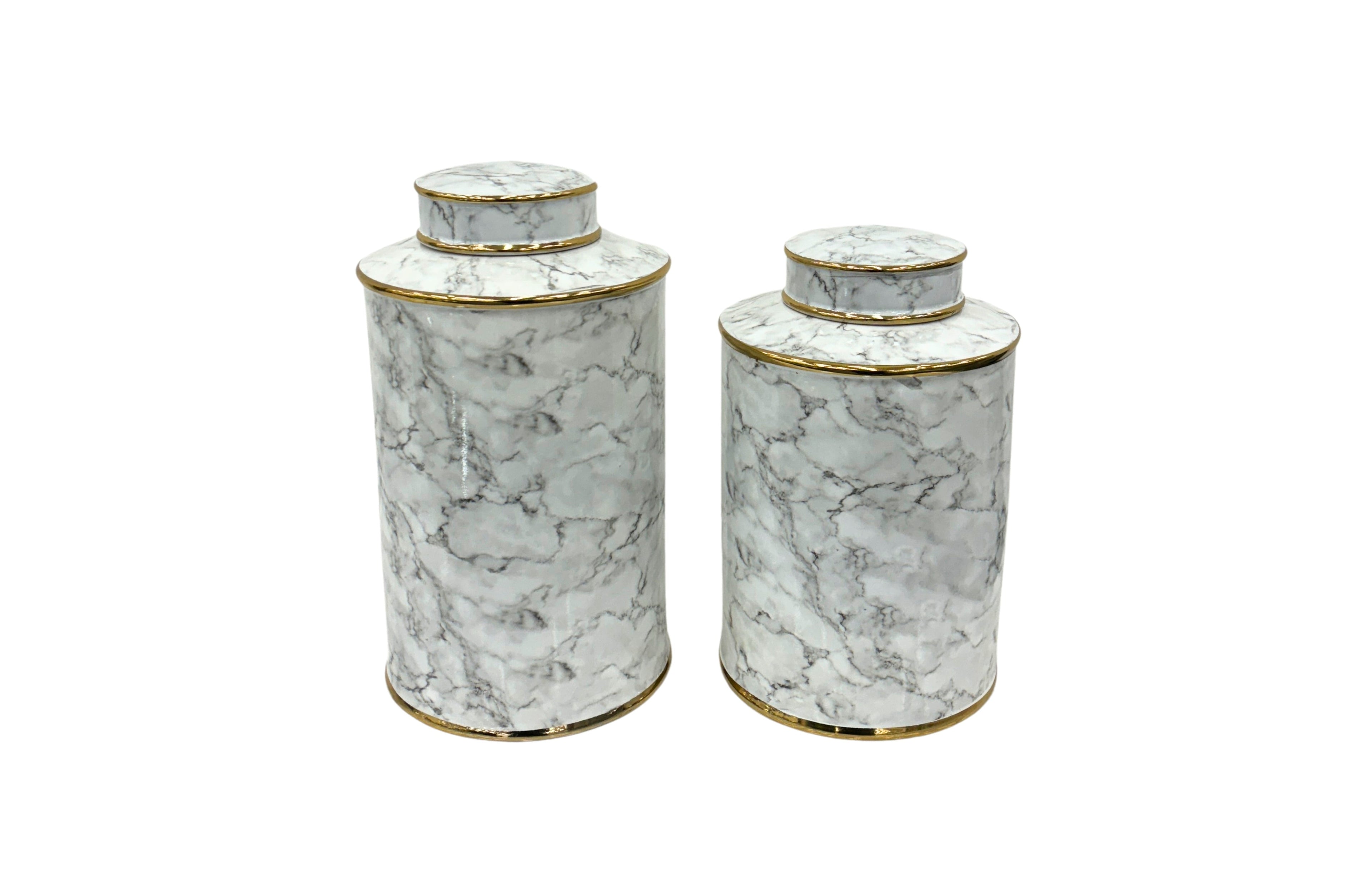 Carrara Ceramic Canister Set of 2 in white marble finish with gold accents – includes small and large sizes, ideal for stylish storage