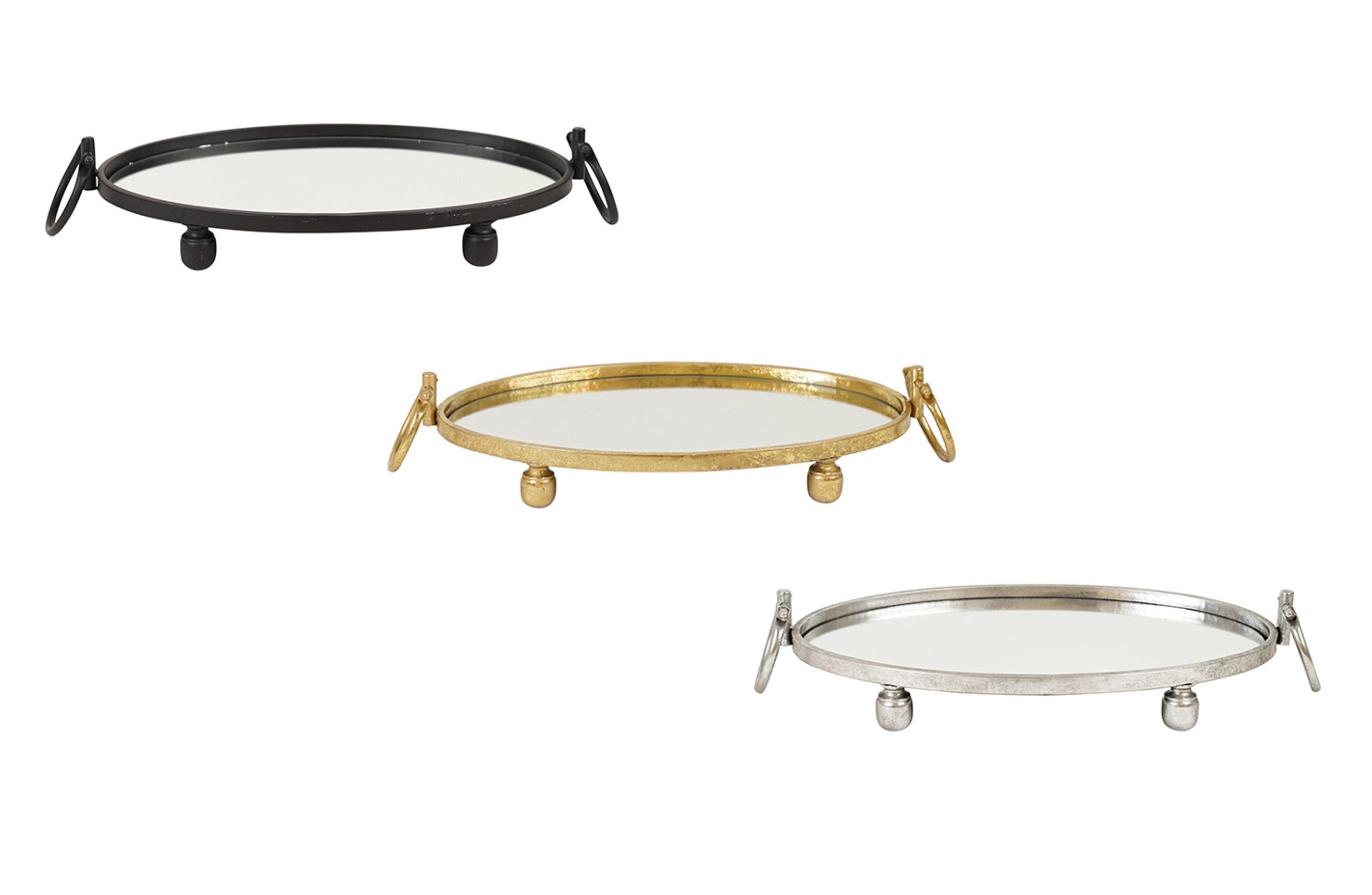 Oval-shaped Eliza Iron Mirror Trays in Black, Gold, and Silver – Featuring a mirrored base, looped handles, and rounded feet for a stylish and functional accent piece.