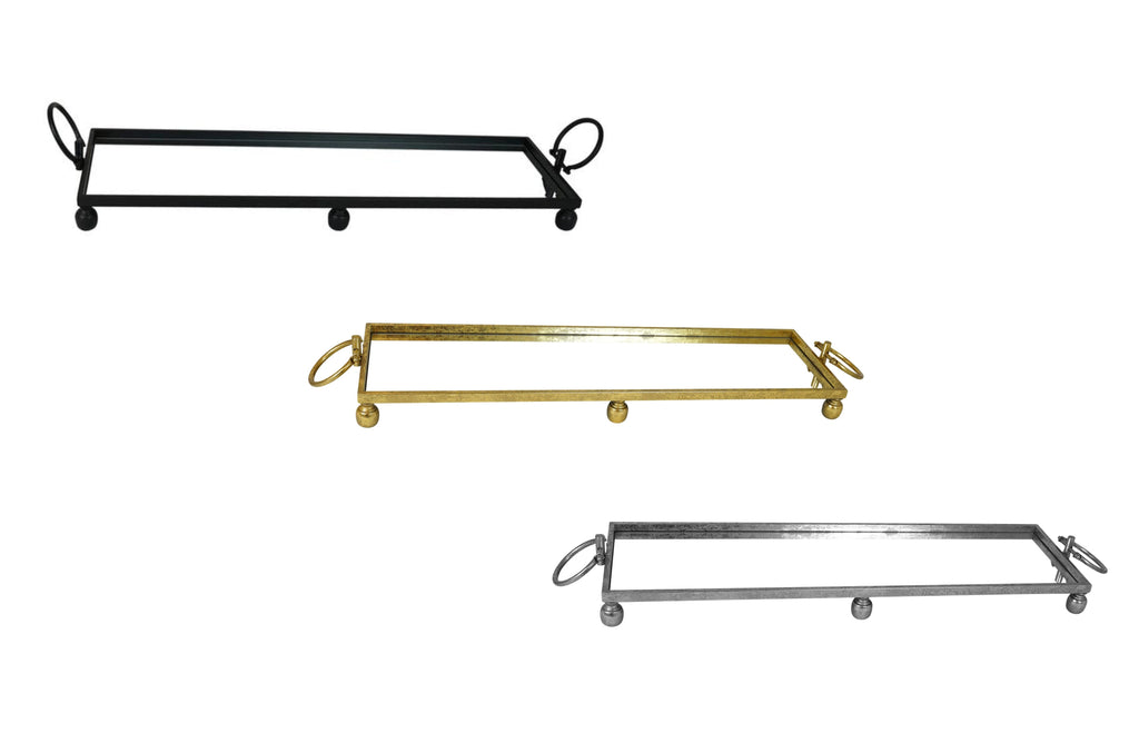 Eliza large Rectangle Iron Mirror Trays with Handles in Black, Gold, and Silver – Decorative metal trays with ring handles and elevated ball feet, ideal for serving or styling.