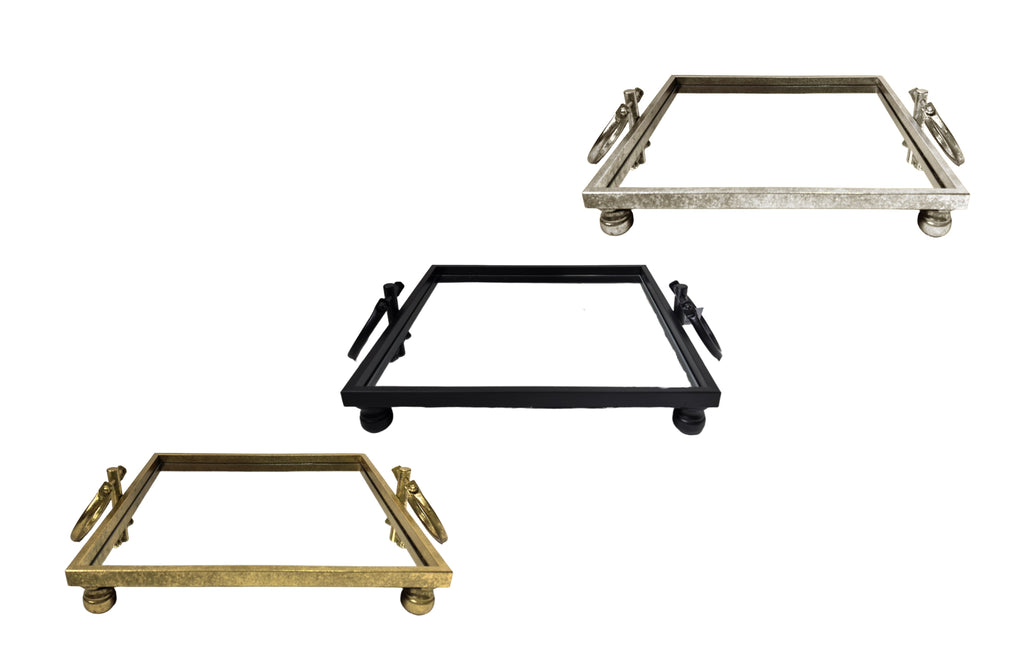 Small Eliza Iron Mirror Trays with loop handles in Black, Gold, and Silver finishes – Designed with a mirrored surface and elegant ball feet for a chic decorative or serving tray.