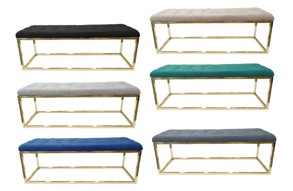 Holly Ottoman with gold frame shown in six velvet colours – Black, Beige, Grey, Light Grey, Blue, and Peacock Green.