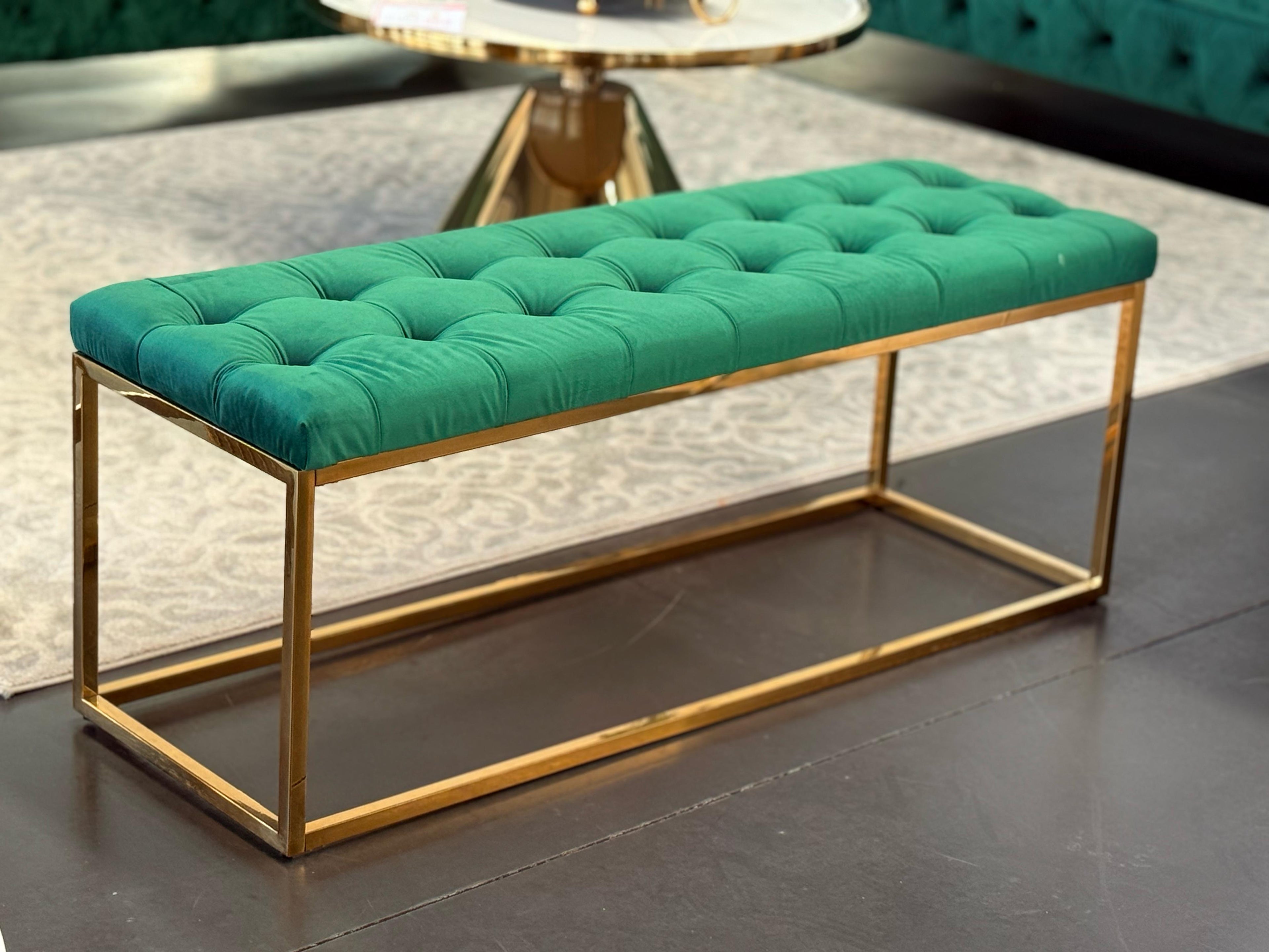 Holly Ottoman in Peacock Green velvet with gold frame.