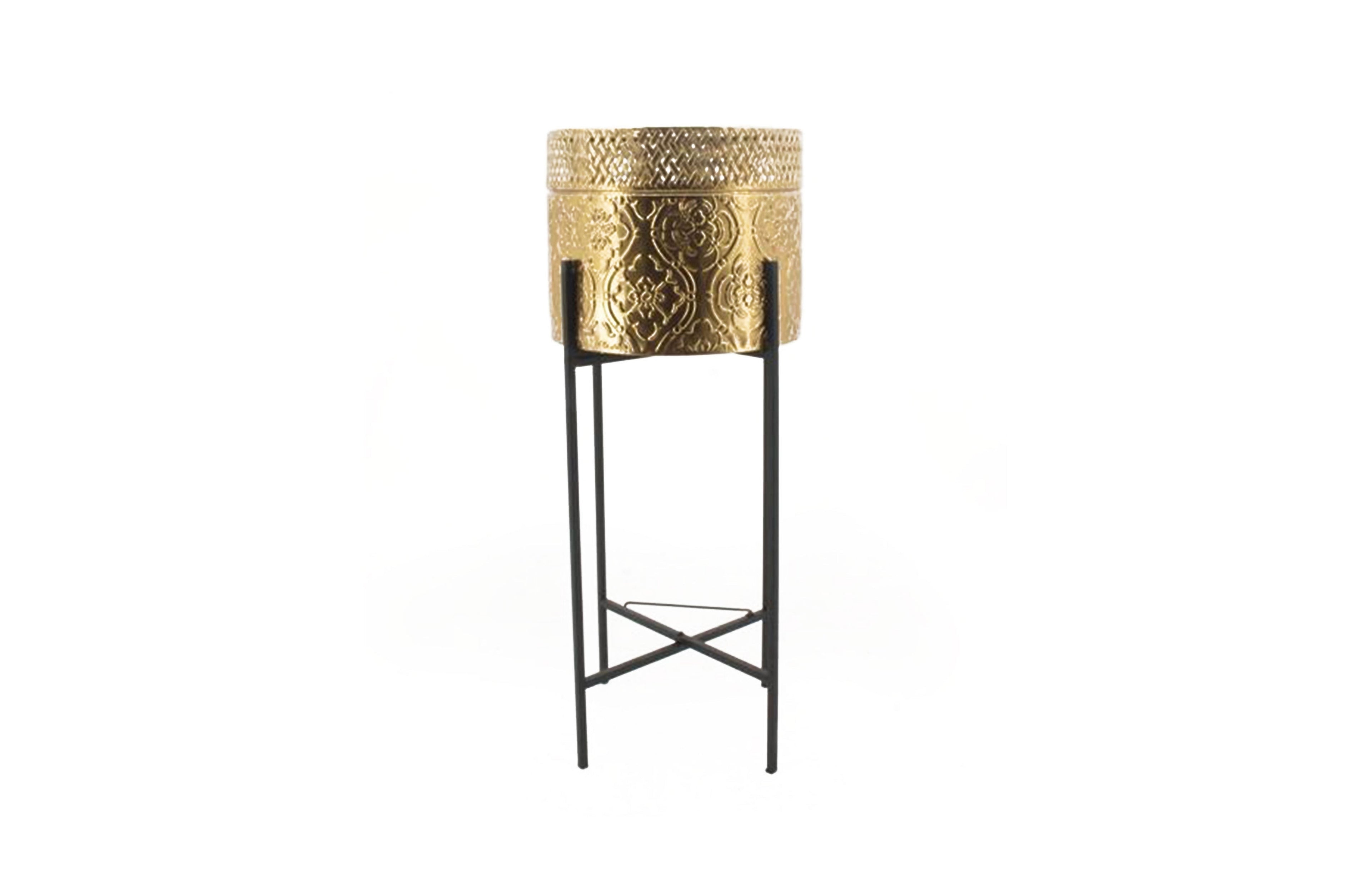 Hope Large Gold Planter – 30x30x74.5cm with intricate gold foil design and tall black metal stand for bold modern styling