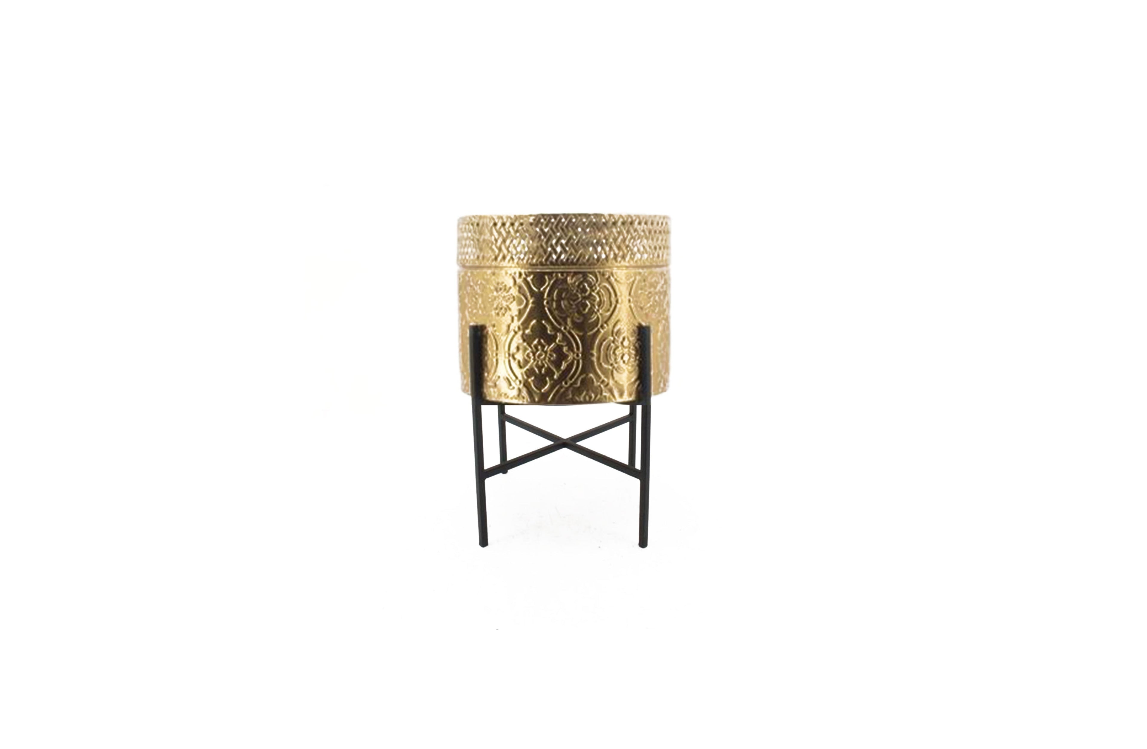 Hope Small Gold Planter – 27x27x60cm with elegant embossed gold foil finish and black stand, ideal for stylish compact spaces