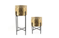 Hope Gold Planter Set of 2 featuring ornate gold foil pots with sleek black stands – modern indoor and outdoor décor planters in two sizes