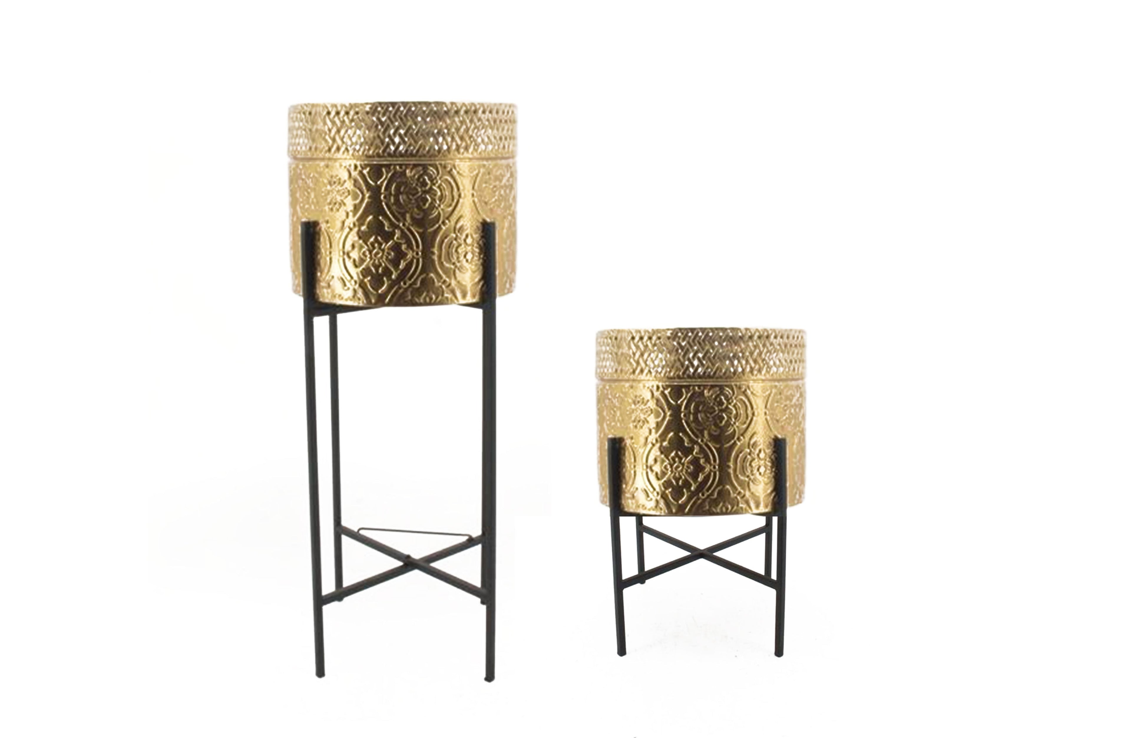 Hope Gold Planter Set of 2 featuring ornate gold foil pots with sleek black stands – modern indoor and outdoor décor planters in two sizes