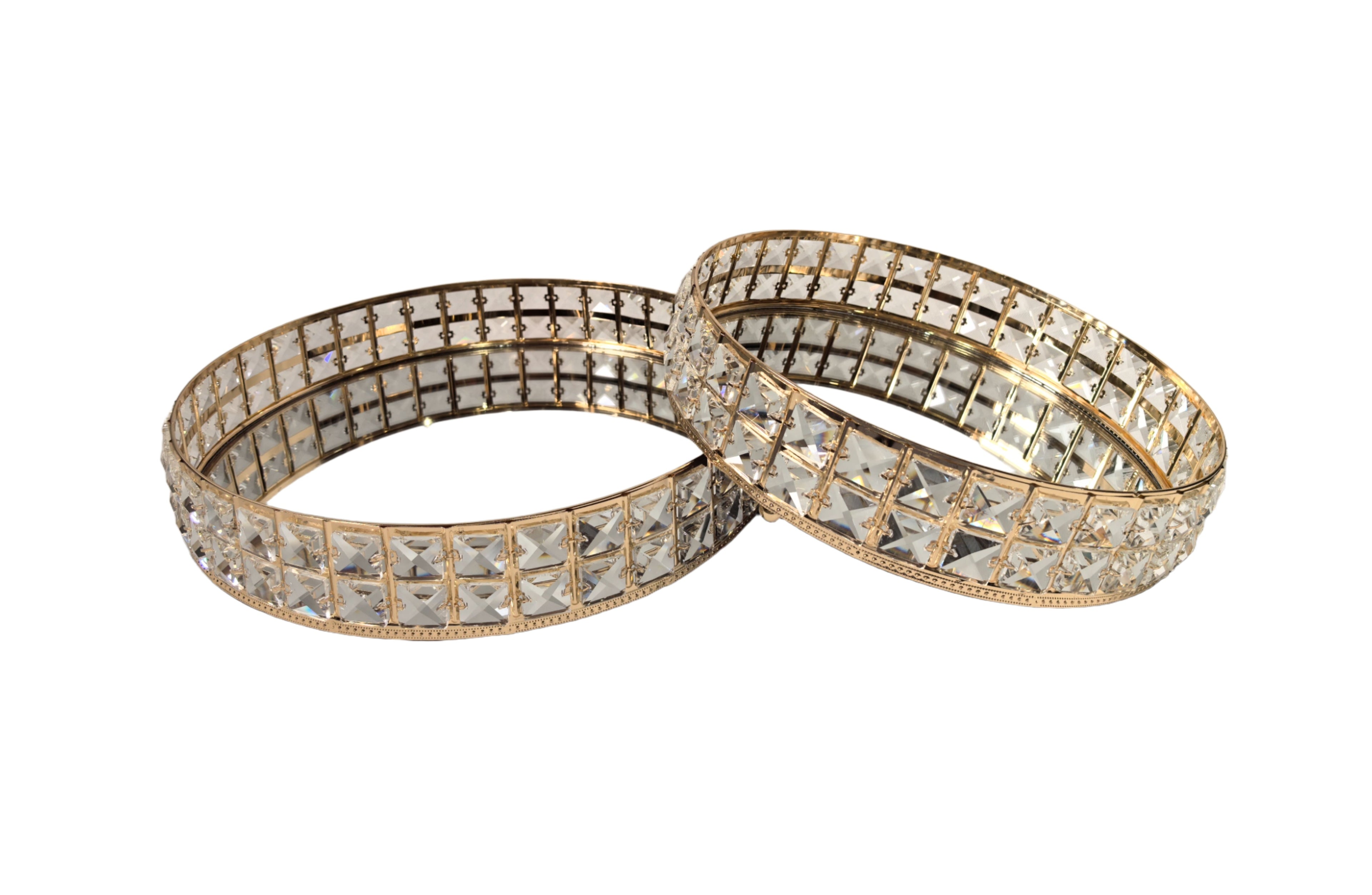 Set of 2 gold round trays with crystal accents and mirrored bases, available in small and large sizes.
