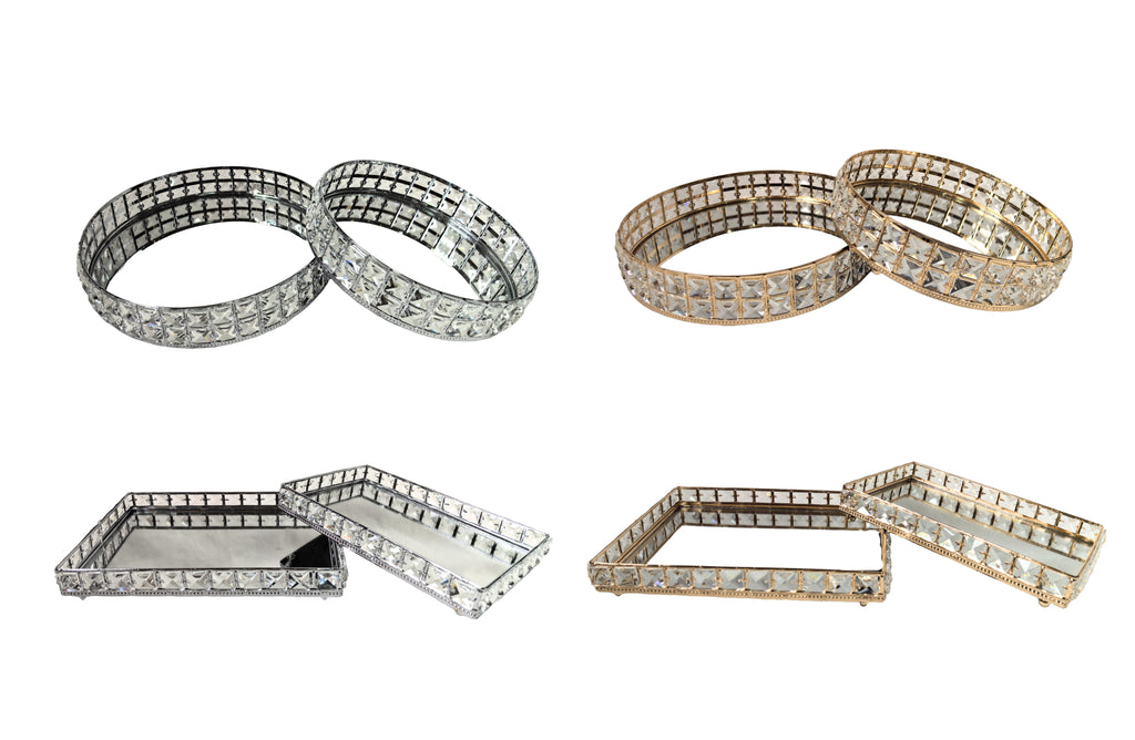  Katie tray set of 2 in round and rectangle styles, available in gold and silver finishes with mirrored bases, perfect for serving or décor.