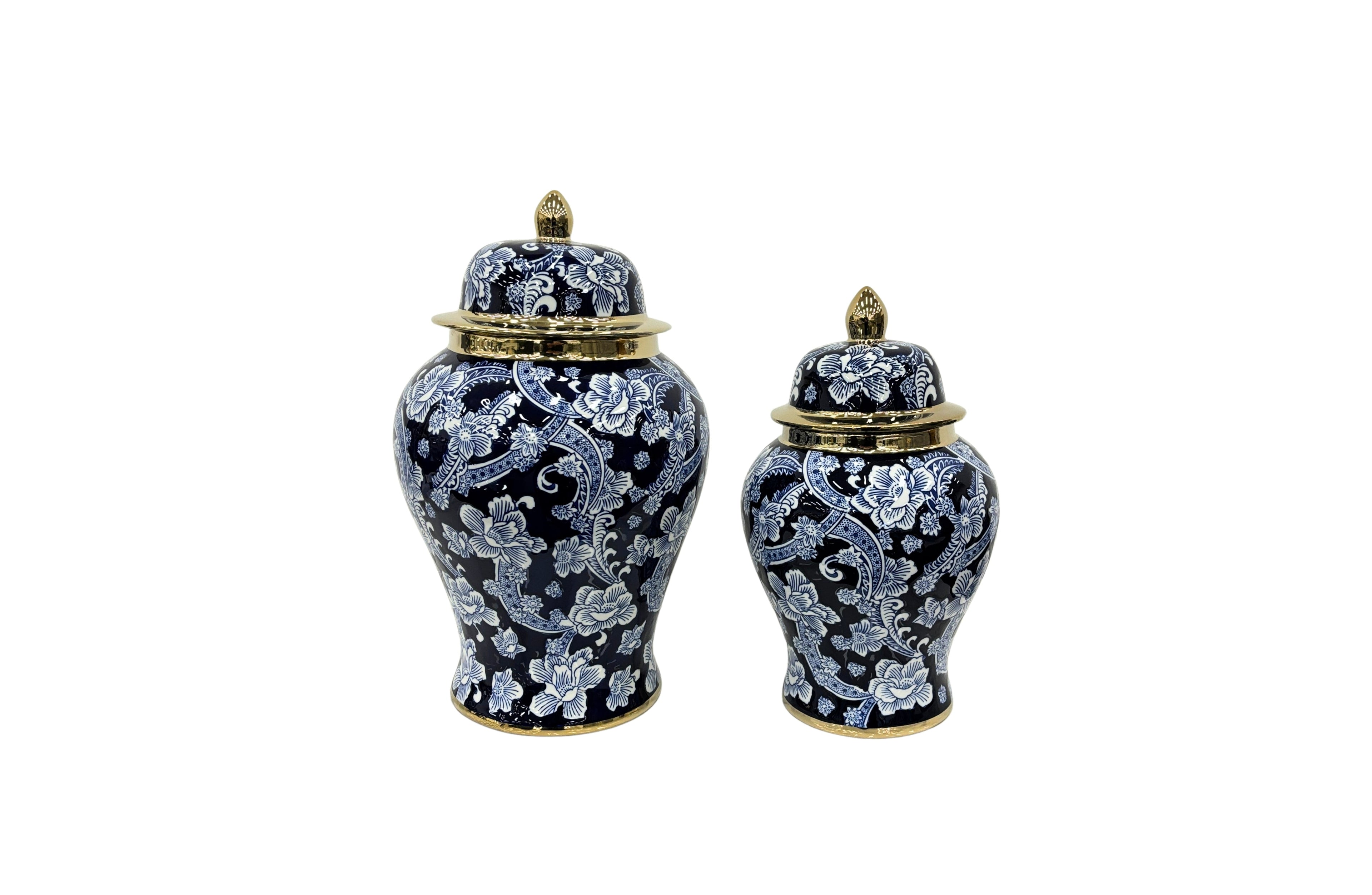 Lucy Ceramic Urn Set in Blue with White Floral Pattern and Gold Accents – includes small and large decorative jars for elegant interiors
