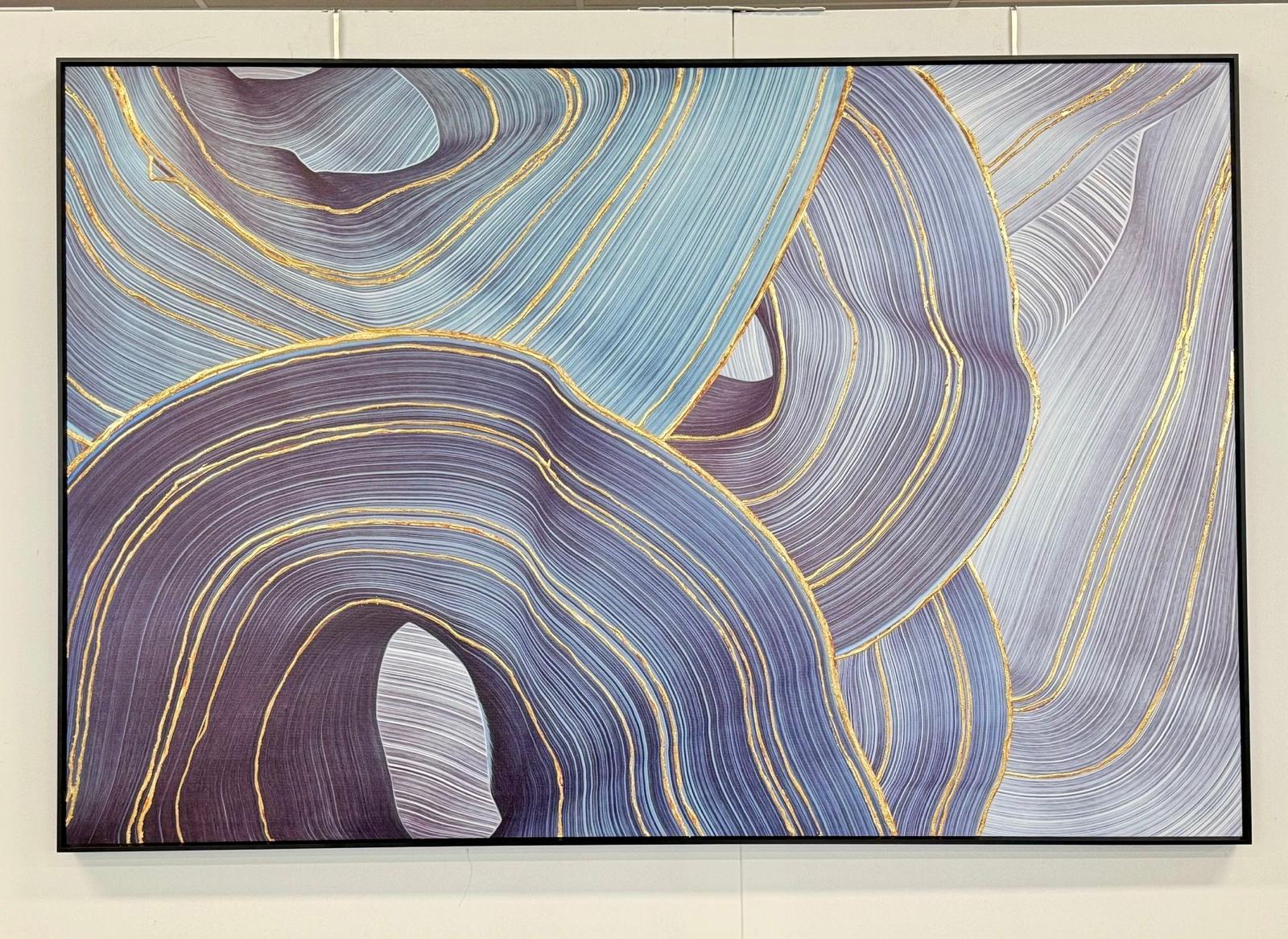 Large framed ribbon-style canvas wall art in green, grey, and gold, displayed in a modern interior, 123x83cm.