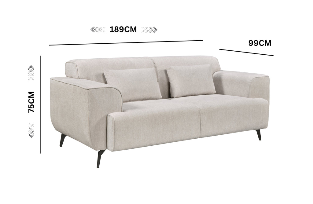 Light grey 2-seater fixed sofa with soft fabric upholstery, slim black metal legs, and two matching cushions dimensions shown as 189cm wide, 99cm deep, and 75cm high.