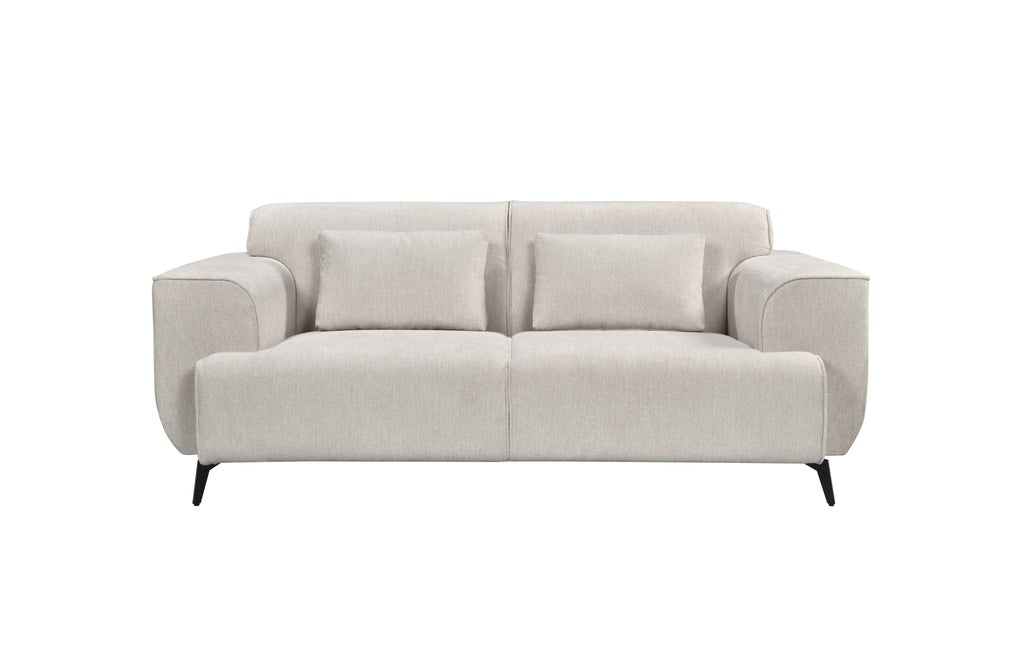 Contemporary 2-seater fixed sofa in soft beige fabric with plush cushions and slim black metal legs — perfect for stylish, compact living spaces.